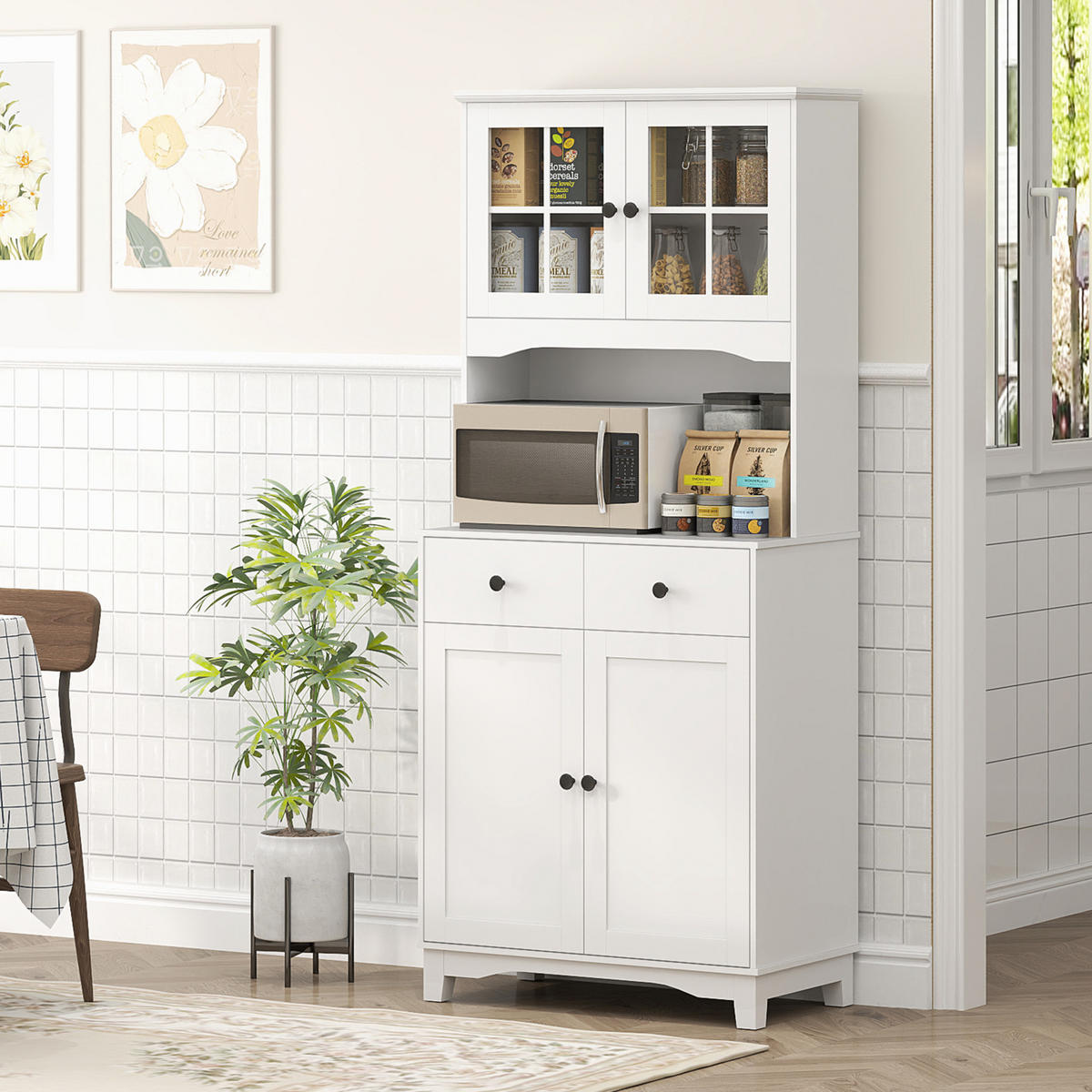 KÜCHENSCHRANK Hochschrank mit Mikrowellenregal, 2 Schränken für Wohnzimmer - Schwarz/Weiß, Holzwerkstoff/Kunststoff (40/172/74.5cm) - HOMCOM