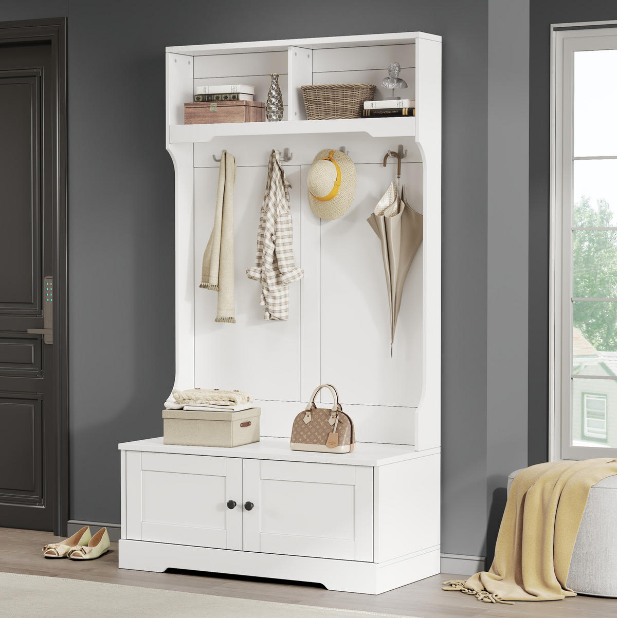 GARDEROBENSCHRANK 101,5/183 cm aus Spanplatte mit Sitzbank und Sanftschluss Weiß - Weiß, Holzwerkstoff (101/183/47cm) - Modenvie
