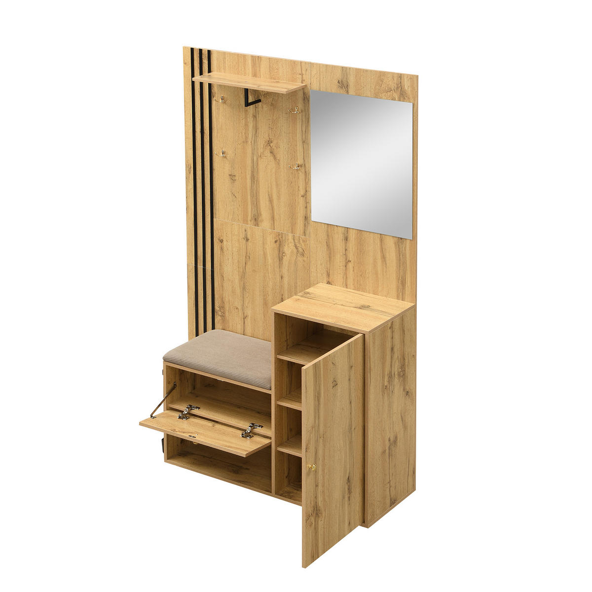 SCHUHSCHRANK aus MDF 115x37x185cm in Natural mit Spiegel & Sitzpolster - Naturfarben, Holzwerkstoff (115/185/37cm) - Modfu