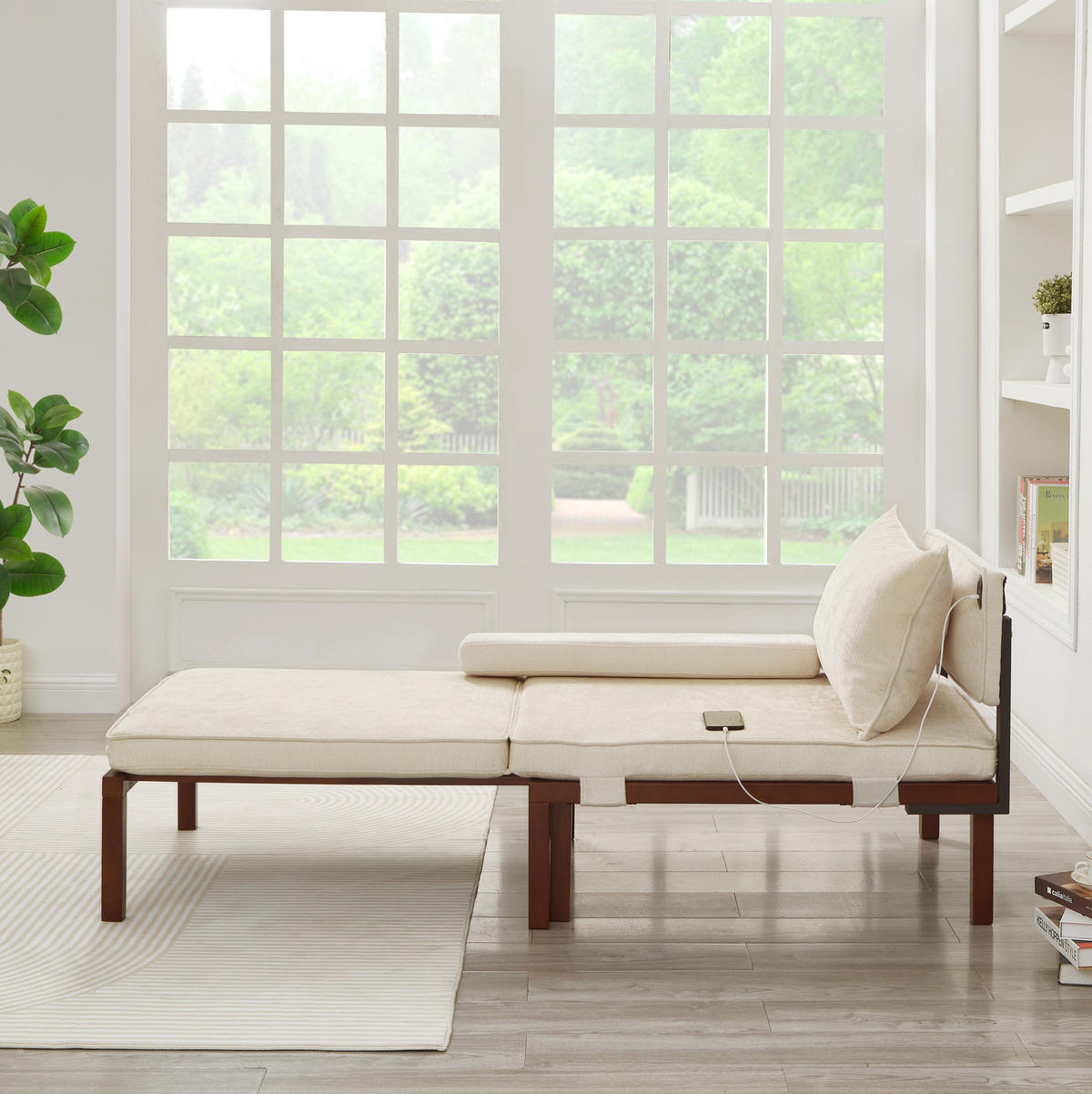 SCHLAFSESSEL 2-in-1 ausziehbar Velvet Beige mit USB Type-C - Beige, Holz (82/79/176cm) - Meubliv
