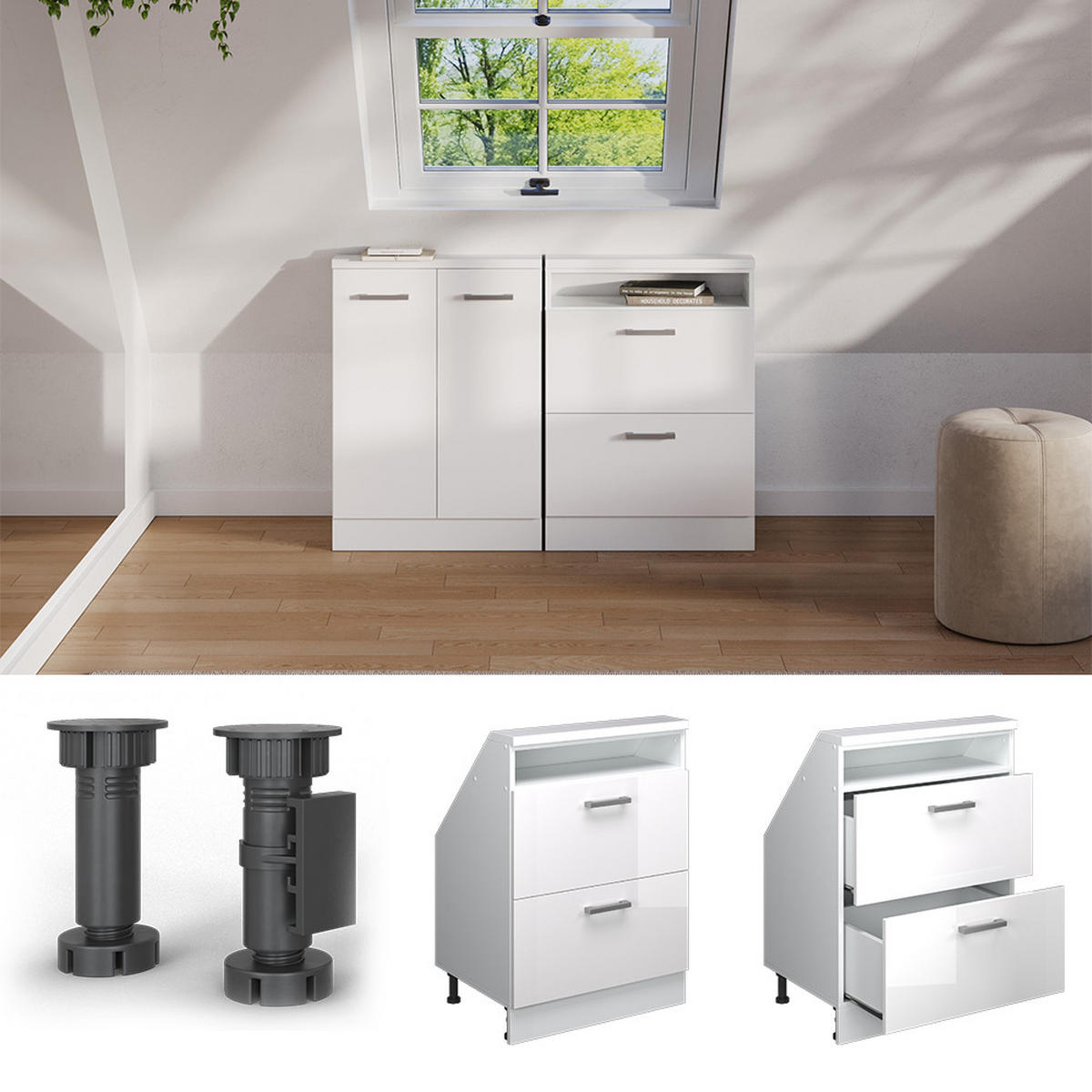 DACHSCHRÄGENSCHRANK Rion Weiß Hochglanz/Weiß mit 2 Schubladen - Weiß Hochglanz/Weiß, Holzwerkstoff (60/81.6/46cm) - Vicco