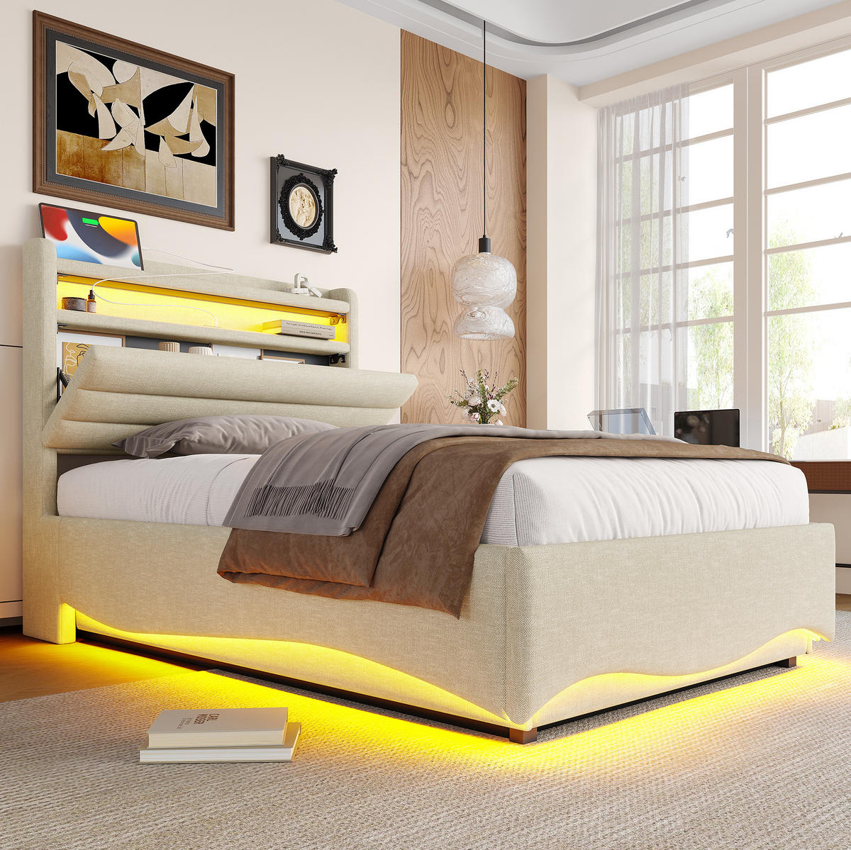 POLSTERBETT aus Leinen 90x200 cm Beige mit LED-Beleuchtung, USB- und Typ-C-Anschluss sowie hydraulischem Stauraum - Beige, Textil (90/200cm) - Modfu