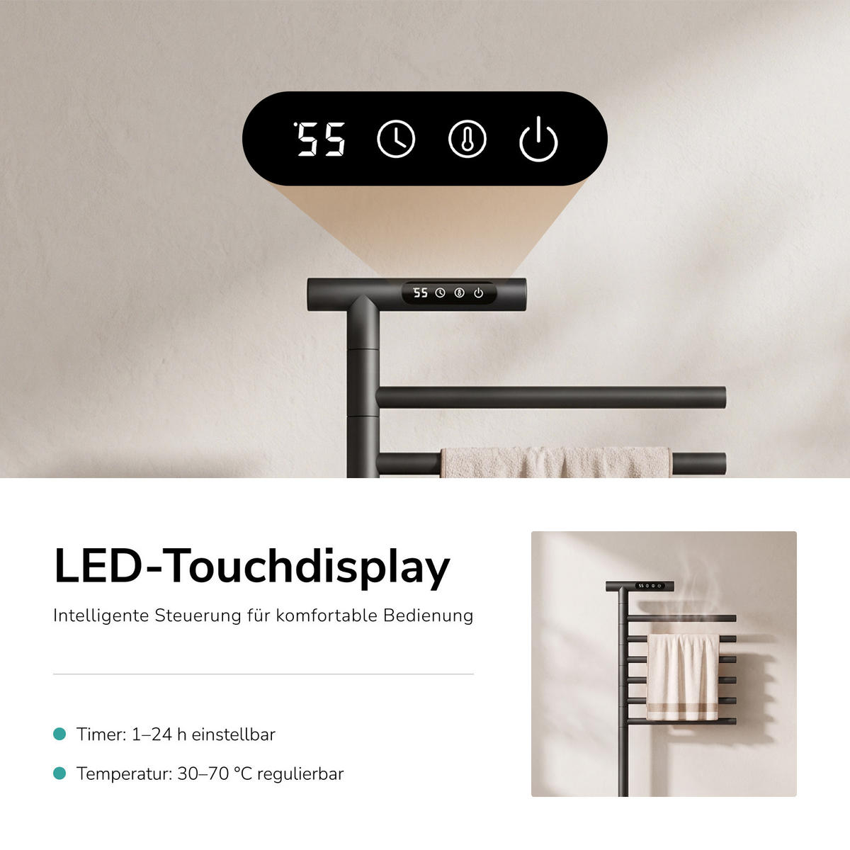 HANDTUCHHALTER elektrisch Standmodell LED Touch Display/App-Steuerung Schwarz 100/53,9 cm - Schwarz, Metall (53.9/100/35cm) - EMKE
