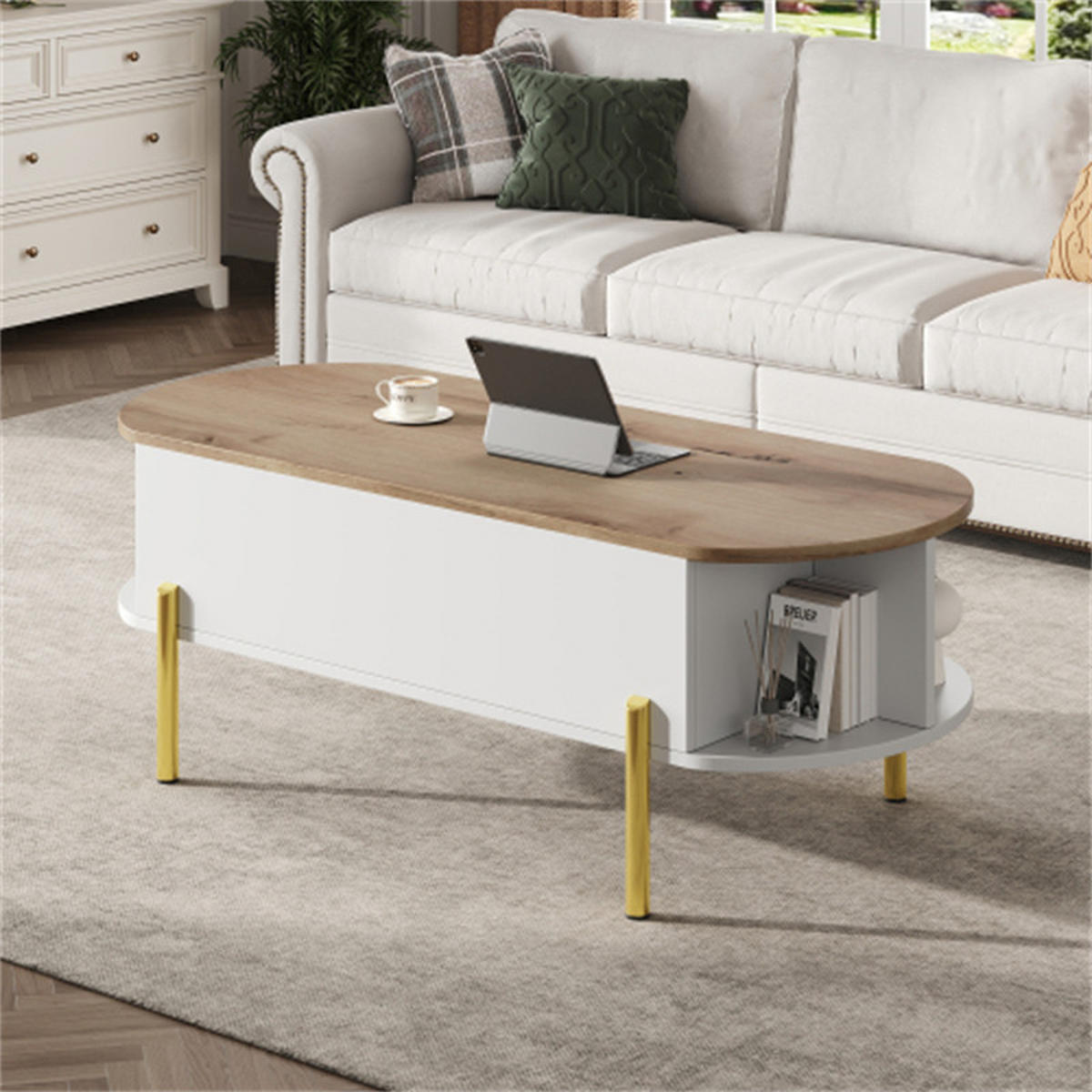 COUCHTISCH 120 x 50 x 43 cm, Wohnzimmer-Couchtisch, höhenverstellbare Tischplatte, mit verstecktem Stauraum, Holzfarbe + Weiß. - Weiß, Holzwerkstoff (120/50/43cm) - Blomus