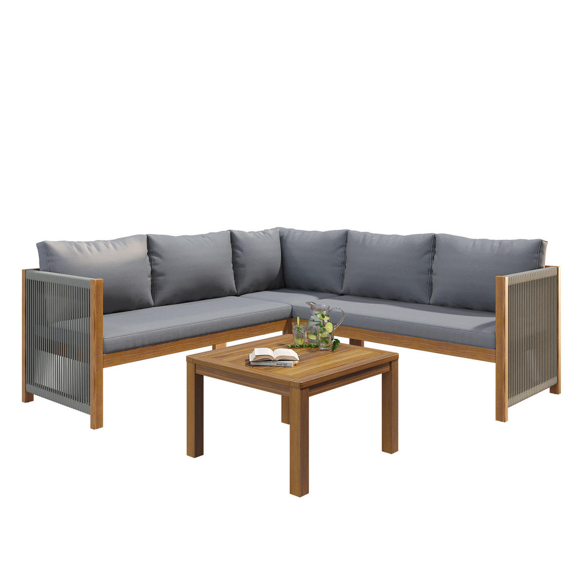 GARTENMÖBEL-SET mit Ecksofa und Couchtisch, Akazienholzrahmen mit Seilgeflecht, Grau - Grau, Textil - Redom