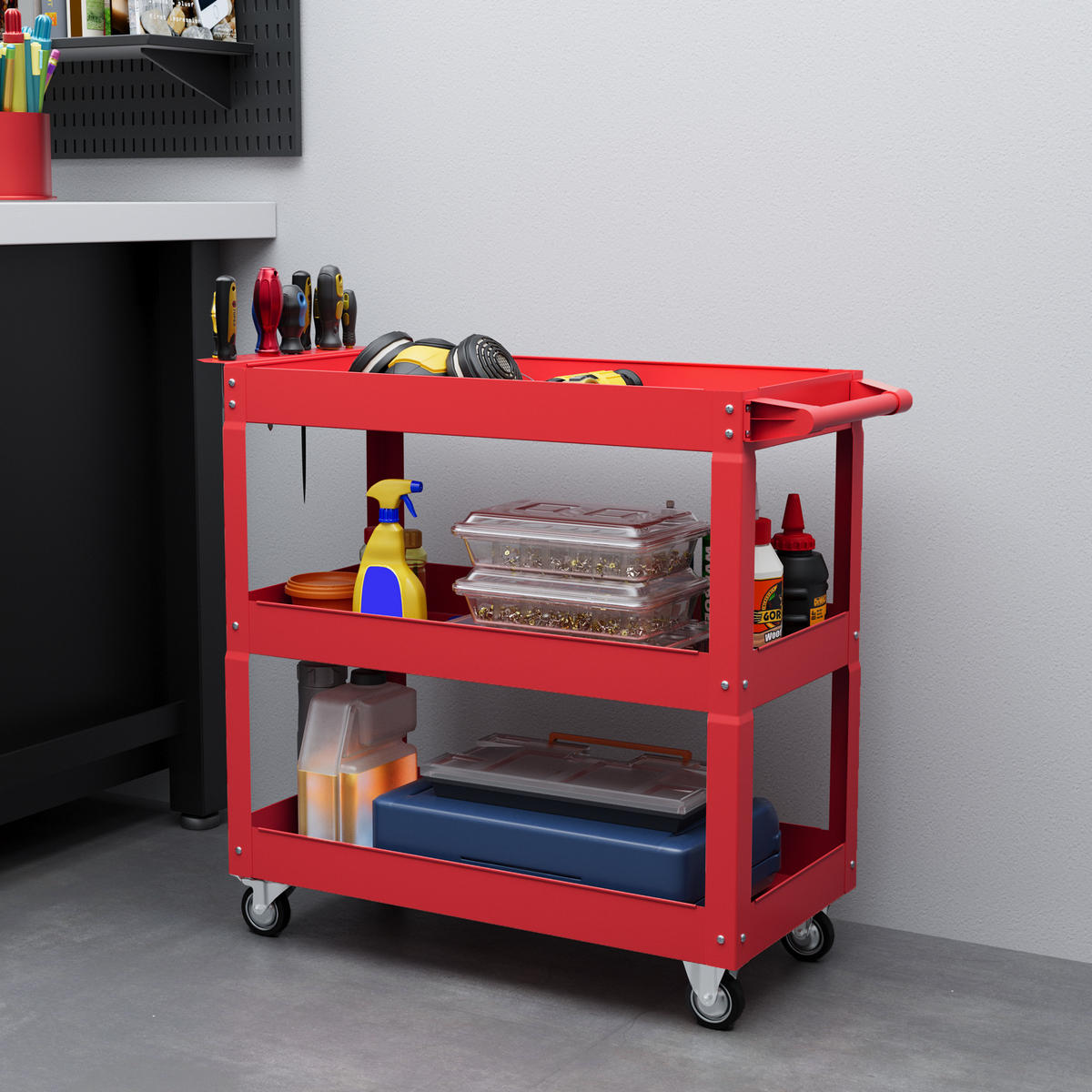 WERKSTATTWAGEN mit 3 Etagen, Werkzeugwagen leer bis 150 kg, Rot - Rot, Metall (35.3/76/83cm) - DURHAND
