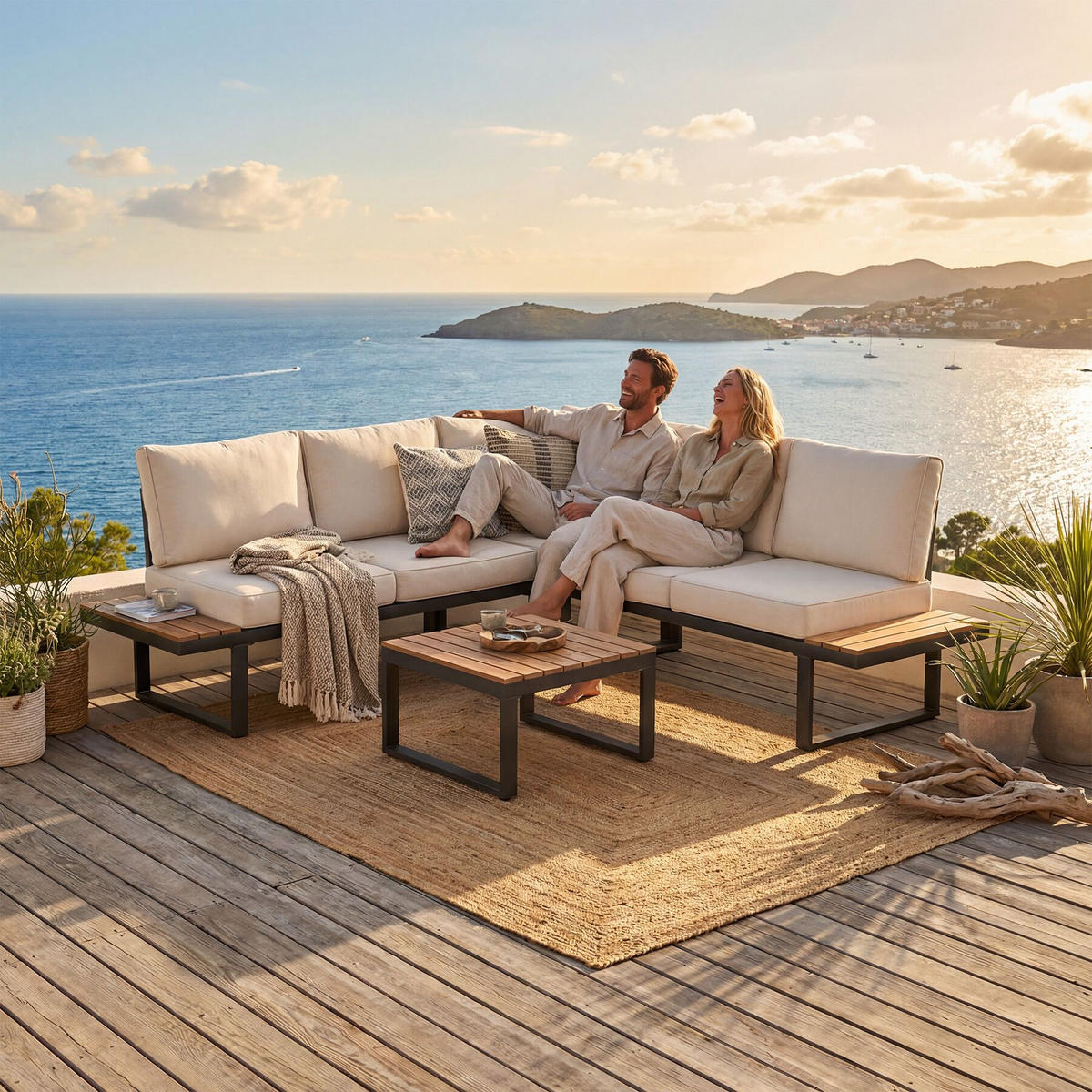 GARTEN-LOUNGE-SET aus Aluminium Eliar, höhenverstellbare Ausgleichsschrauben, schwarz - Schwarz, Kunststoff - tectake