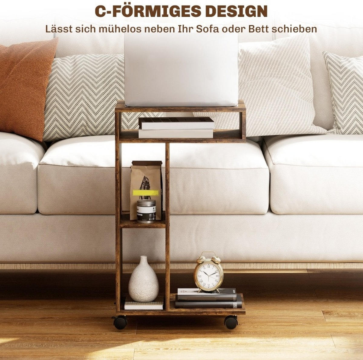 BEISTELLTISCH in C-Form mit Rollen 40 x 30 x 69 cm Rustikalbraun - Braun, Holz (30/69/40cm) - Beauniv