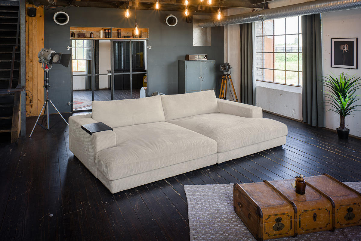 BIG SOFA-SET MIT TABLETT SCHWARZ MADELINE Cremeweiß Cord - Creme/Schwarz, Kunststoff/Textil (290/85/170cm) - KAWOLA