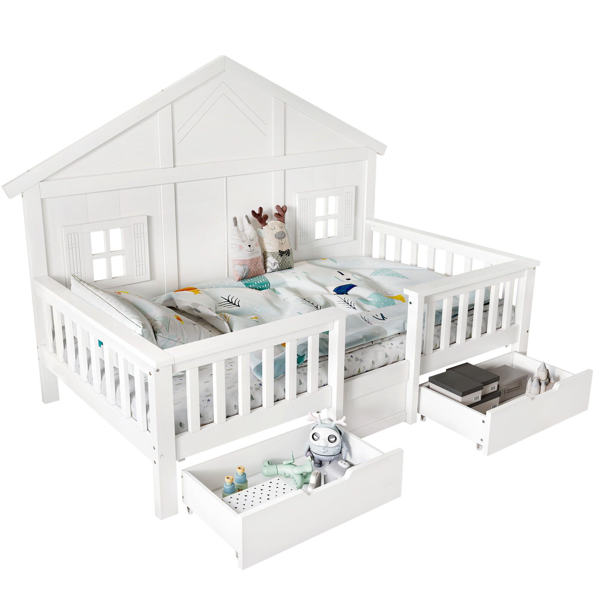 KINDERBETT 90x200 cm Haus Schubladen weiß - Weiß, Holz (90/200cm) - LEBENLANG