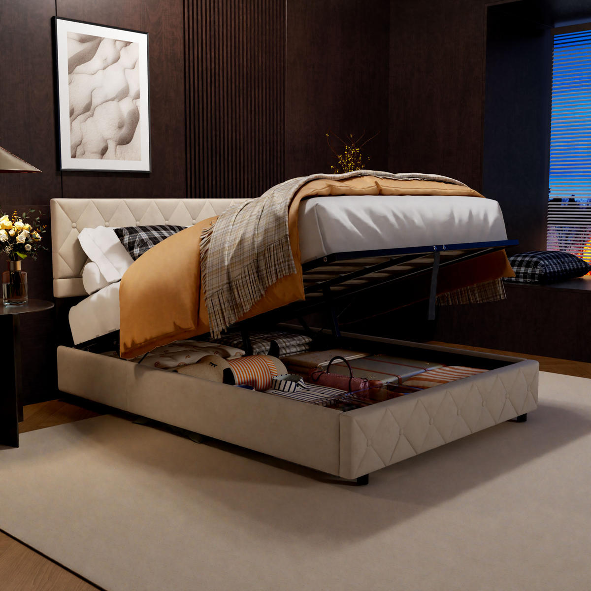 POLSTERBETT 140/200 cm aus Samt in Beige mit Stauraum und Lattenrost - Beige, Textil (140/200cm) - BEAOK