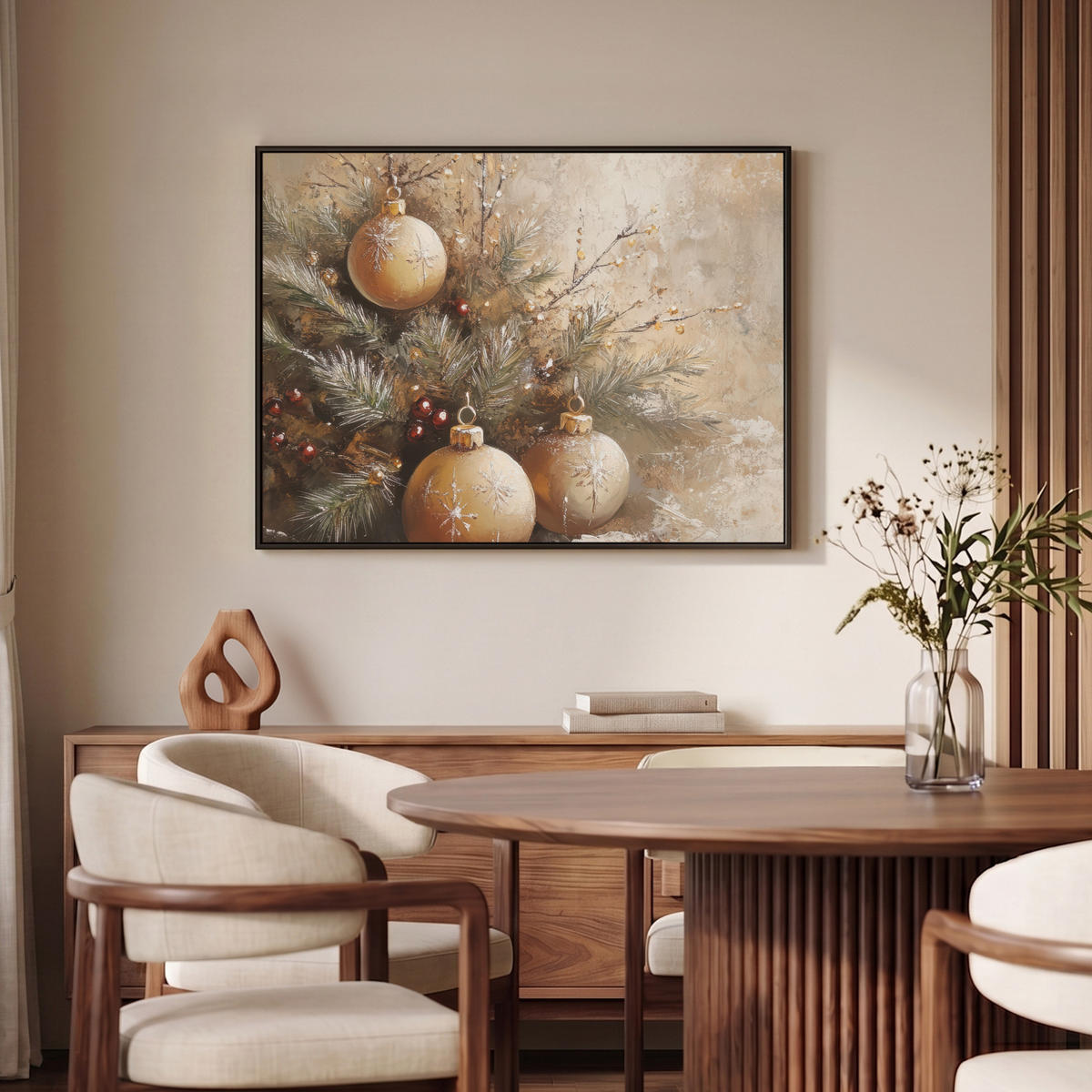 LEINWAND Bilder mit Rahmen - Weihnachten - Kugeln - Beige - Gold - 100x70 - Goldfarben, Textil (100/70cm) - MuchoWow