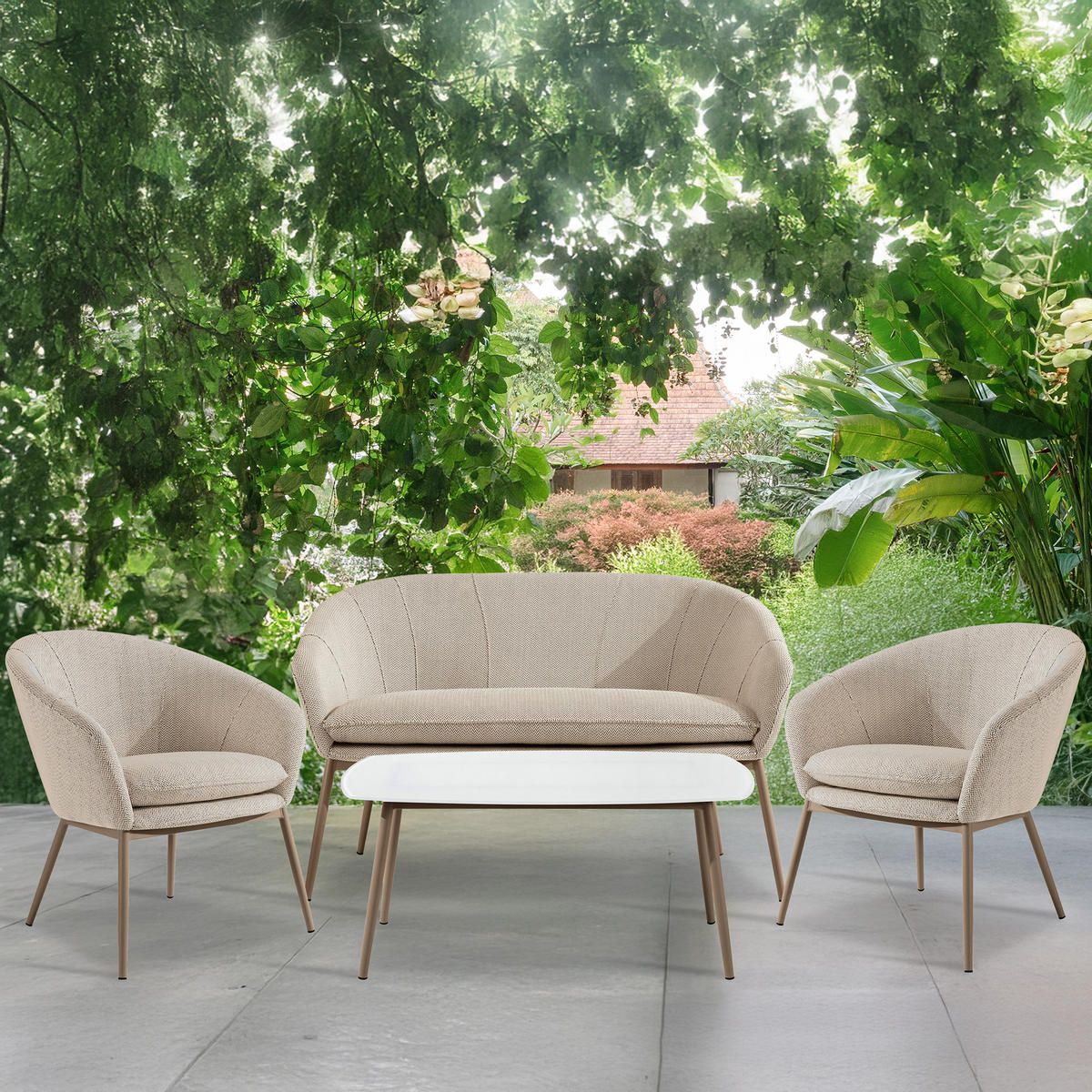 GARTENMÖBELSET SOLIS Gartenlounge-Set, weiß/beige - Weiß, Textil/Metall - KONSIMO®