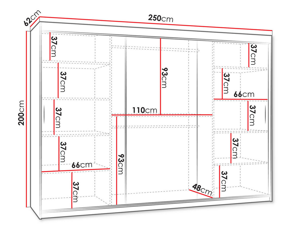 SCHWEBETÜRENSCHRANK Wika 250 cm mit Schubladen - Silberfarben/Schwarz, Holzwerkstoff/Kunststoff (250/200/62cm) - MIRJAN24