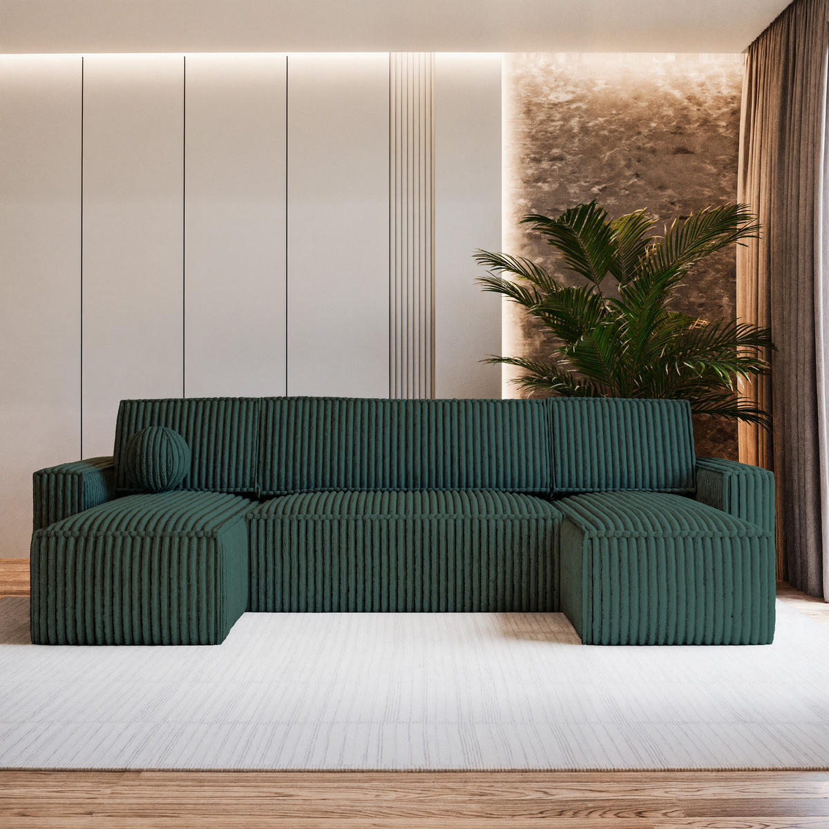 ROHOVÁ SEDAČKA PESANO tmavě zelená - šedá/tmavě zelená, dřevo/textil (306/140cm) - MASSENO