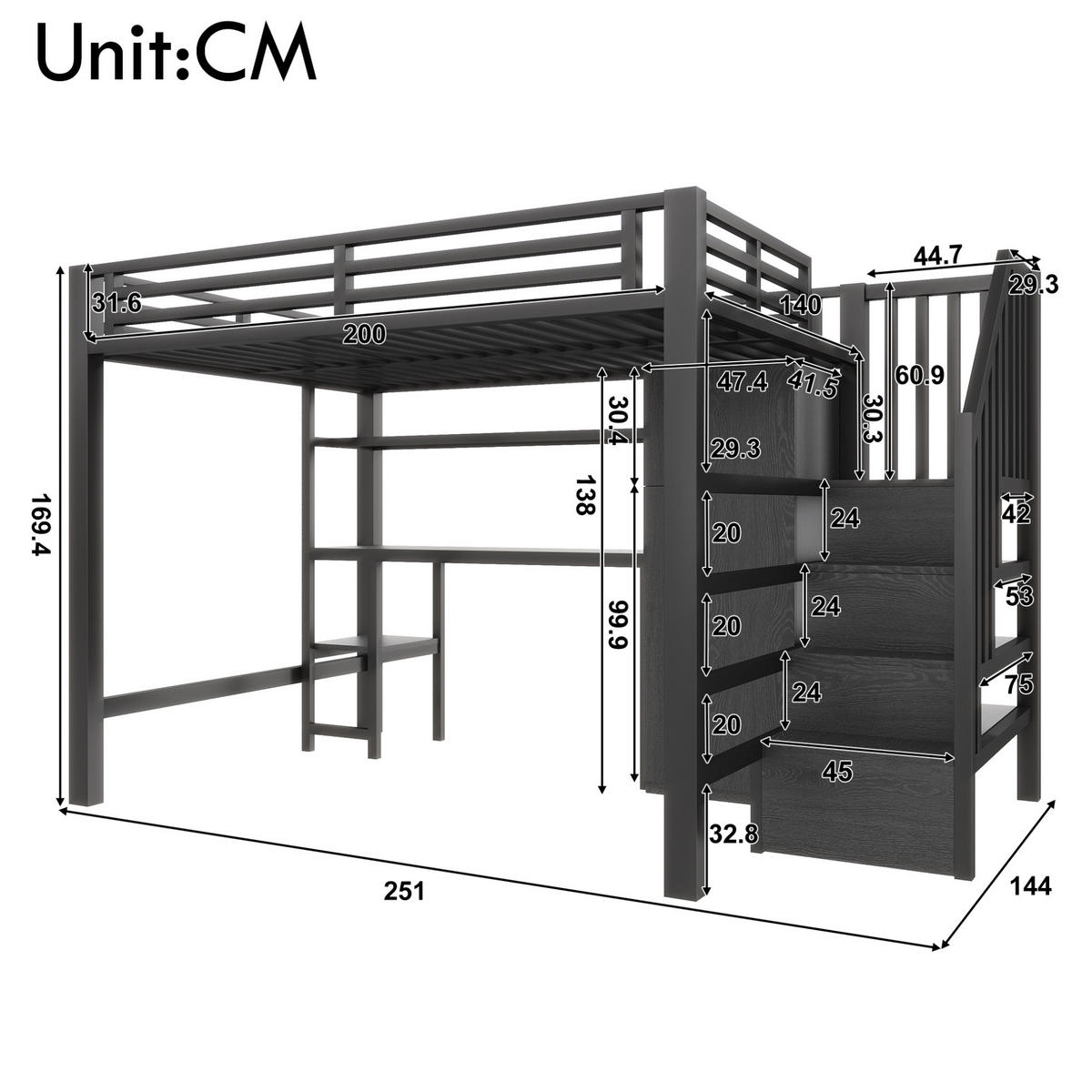 HOCHBETT 140/200 cm, Schwarz mit Schreibtisch, Regal und Kleiderschrank - Schwarz, Metall (140/200cm) - MIVRAY