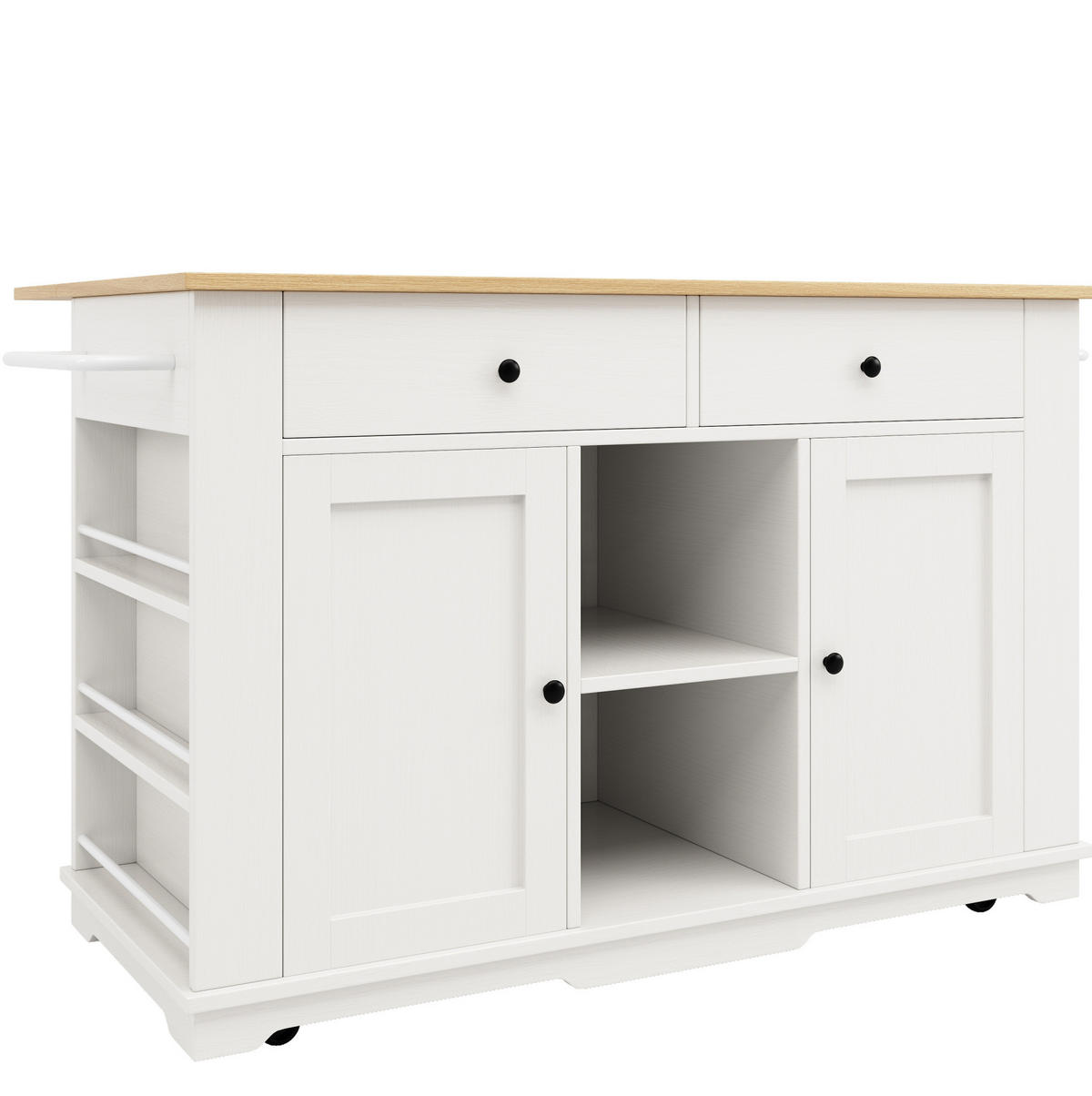 KÜCHENINSEL aus MDF und Metall 151,5x59,7x91,7 cm Weiß/Natur mit Steckdosenleiste, klappbarer Tischplatte und Rollen - Weiß, Holzwerkstoff (151.5/91.7/59.7cm) - Modfu