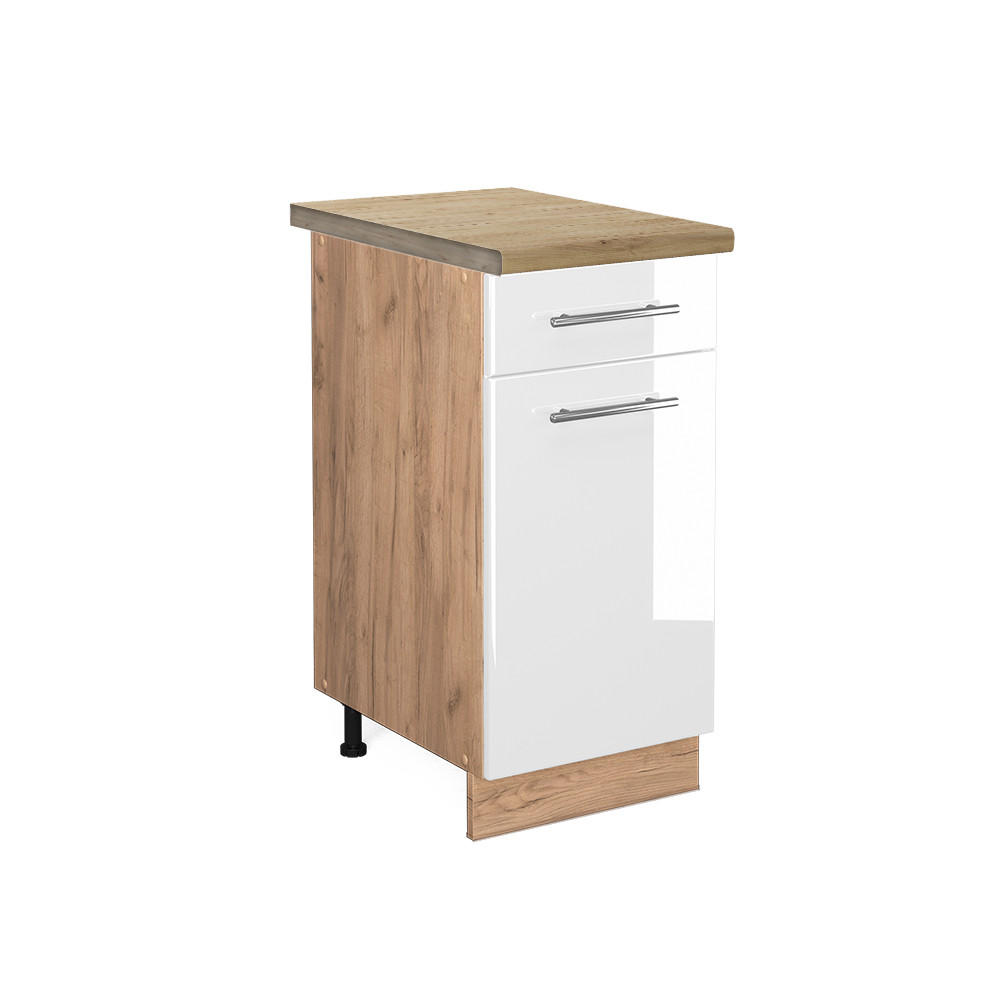 KÜCHENUNTERSCHRANK Fame-Line Weiß Hochglanz 40 cm, AP Eiche - Weiß Hochglanz/Eiche Wotan, Holzwerkstoff (40/82/60cm) - Vicco