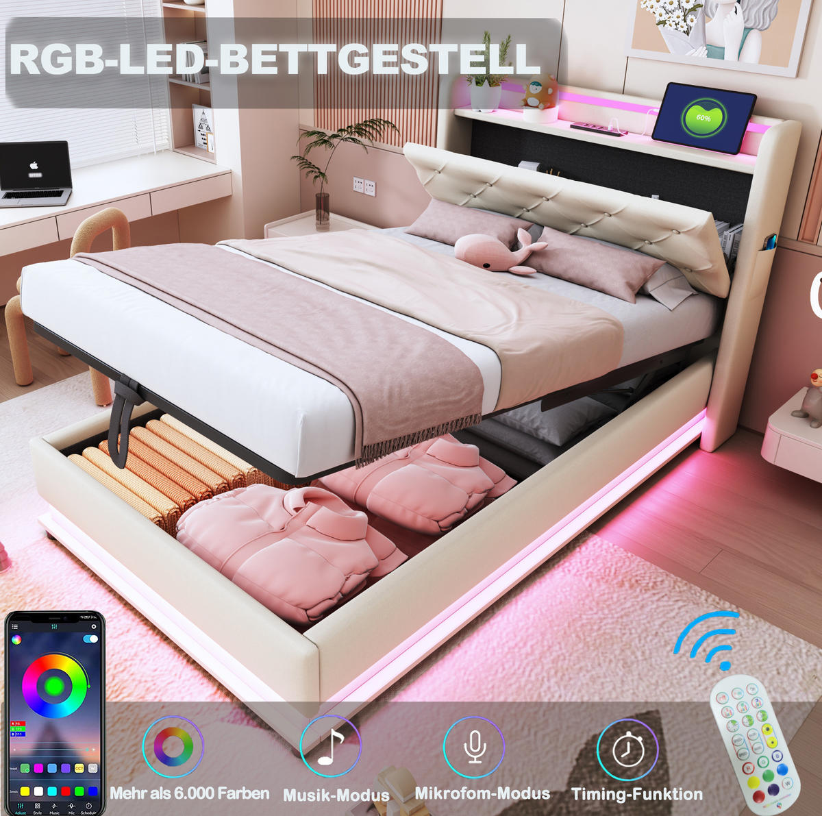 KINDERBETT 90/200 cm Beige aus Leinenstoff mit LED und Stauraum - Beige, Textil (90/200cm) - OKMYHOME