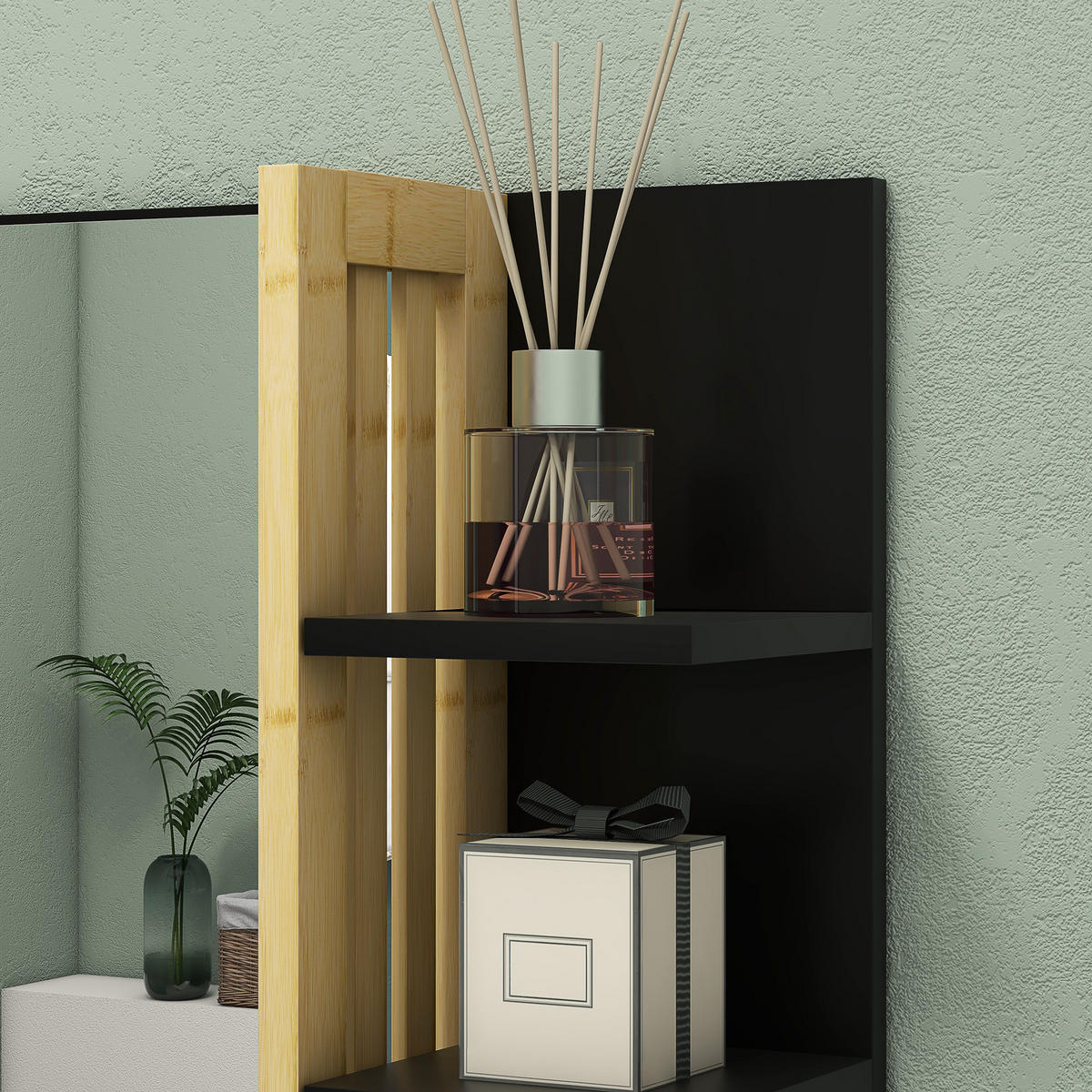 BADEZIMMERSPIEGEL DE-15147 3 Seitenablagen + untere Ablage Bambus - Schwarz, Holzwerkstoff (15/58.5/45cm) - ComfortXL