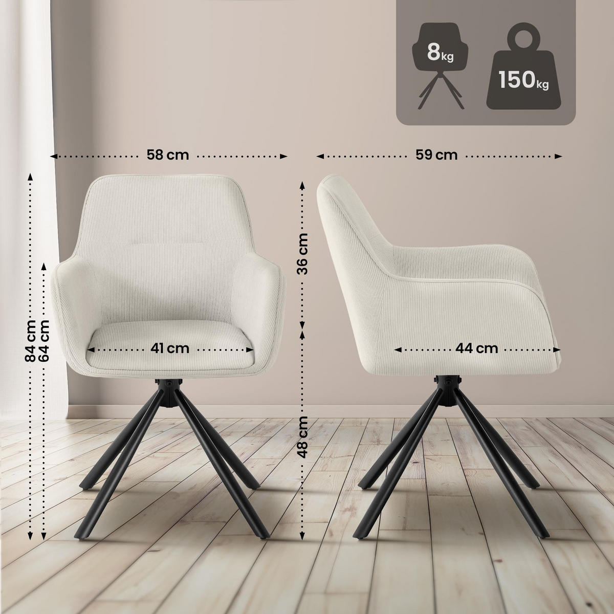 ARMLEHNENSTUHL Cord Creme - Creme/Schwarz, Textil/Metall (58/84/59cm) - CLP