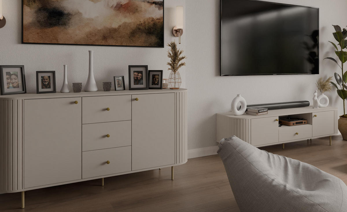 SIDEBOARD Halay Beige, 2 Türen & 3 Schubladen Moderne Rillenstruktur 164,6 cm - Beige/Goldfarben, Holzwerkstoff/Metall (164.6/85.4/42.3cm) - AX Living