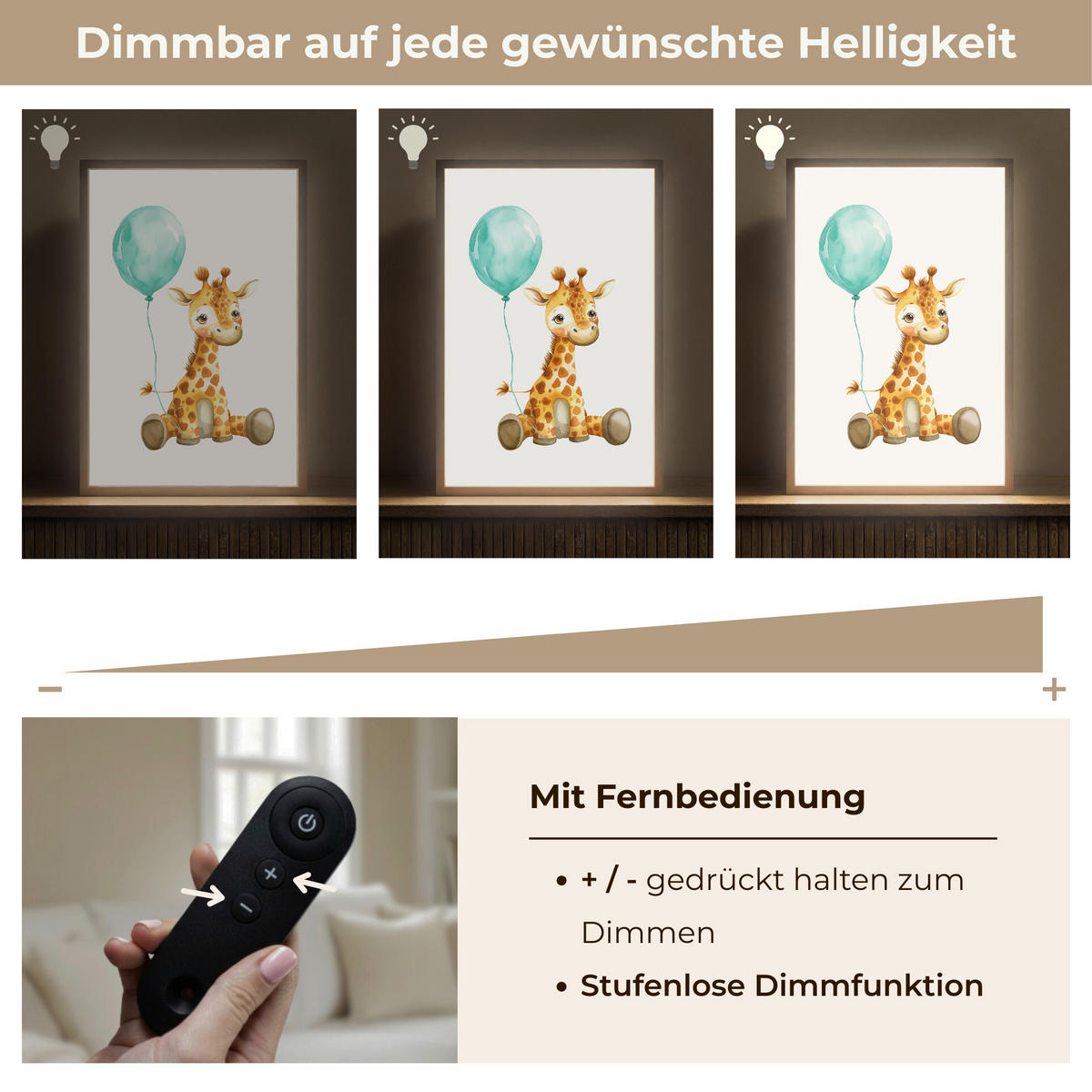 WANDLEUCHTE MIT AKKU Giraffe - Baby - Tiere - Blauer Ballon 40x60 cm - Weiß, Holzwerkstoff (40/60/8cm) - OnlyWow