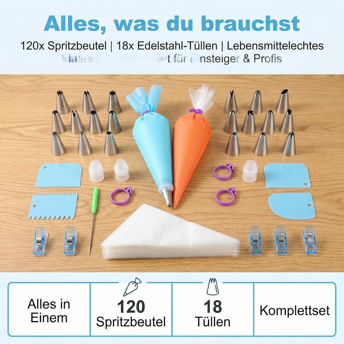 SPRITZBEUTEL Set 150-teilig mit 18 Tüllen - Blau, Kunststoff (20.3/1/34.3cm)