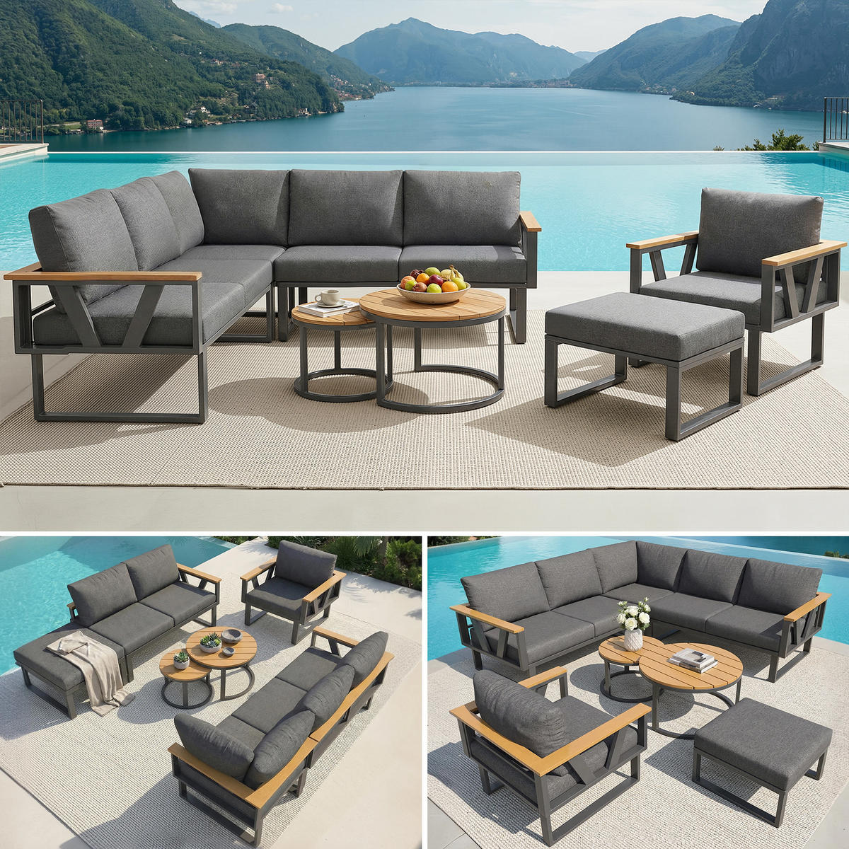 LOUNGESITZSET, 2er-Set, Verstellbare Füße, Metallbasis, Grau - Grau, Metall - FLIEKS