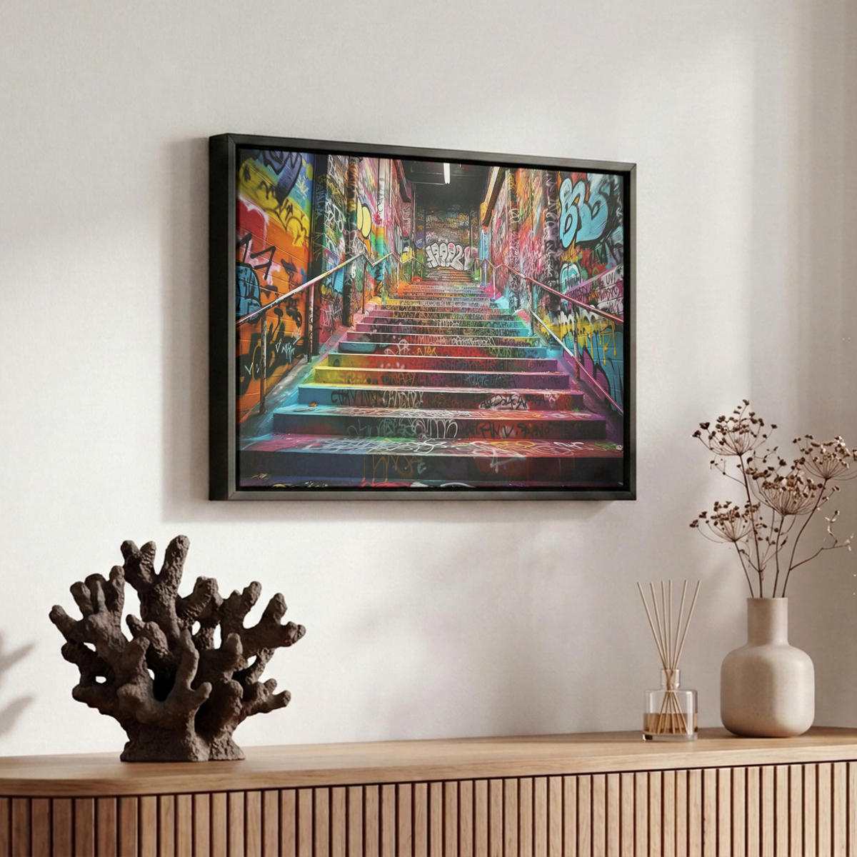 LEINWAND Bilder mit Rahmen - Treppe - Graffiti - Farben - Kunst - 30x20 - Multicolor, Textil (30/20cm) - MuchoWow