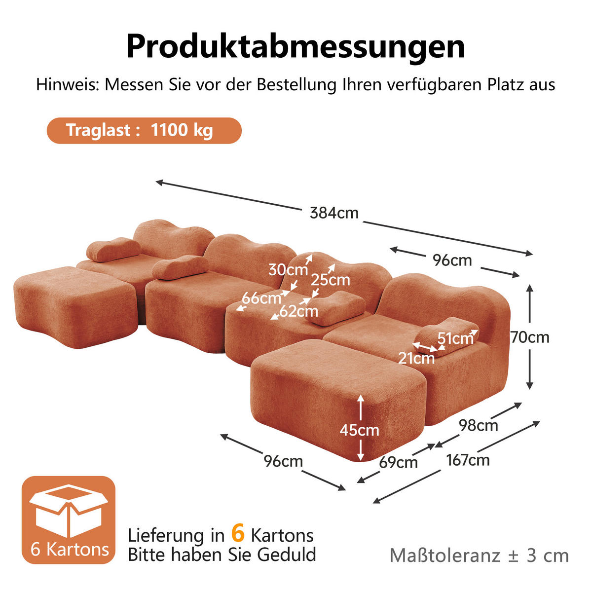 WOHNLANDSCHAFT DE-34348 4-Sitzer mit 2 Ottomans Orange - Orange, Textil (167/70/384cm) - ComfortXL