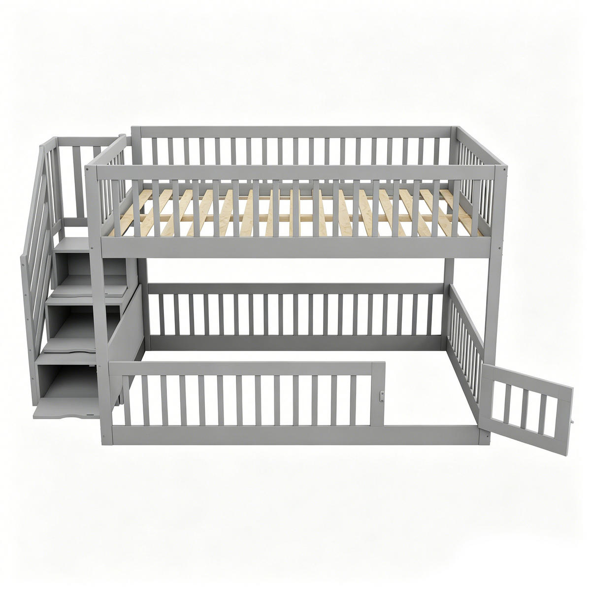 ETAGENBETT 140/200 cm mit Stauraumtreppe, Schubladen und Tür, Grau - Grau, Holzwerkstoff (140/200cm) - Redom