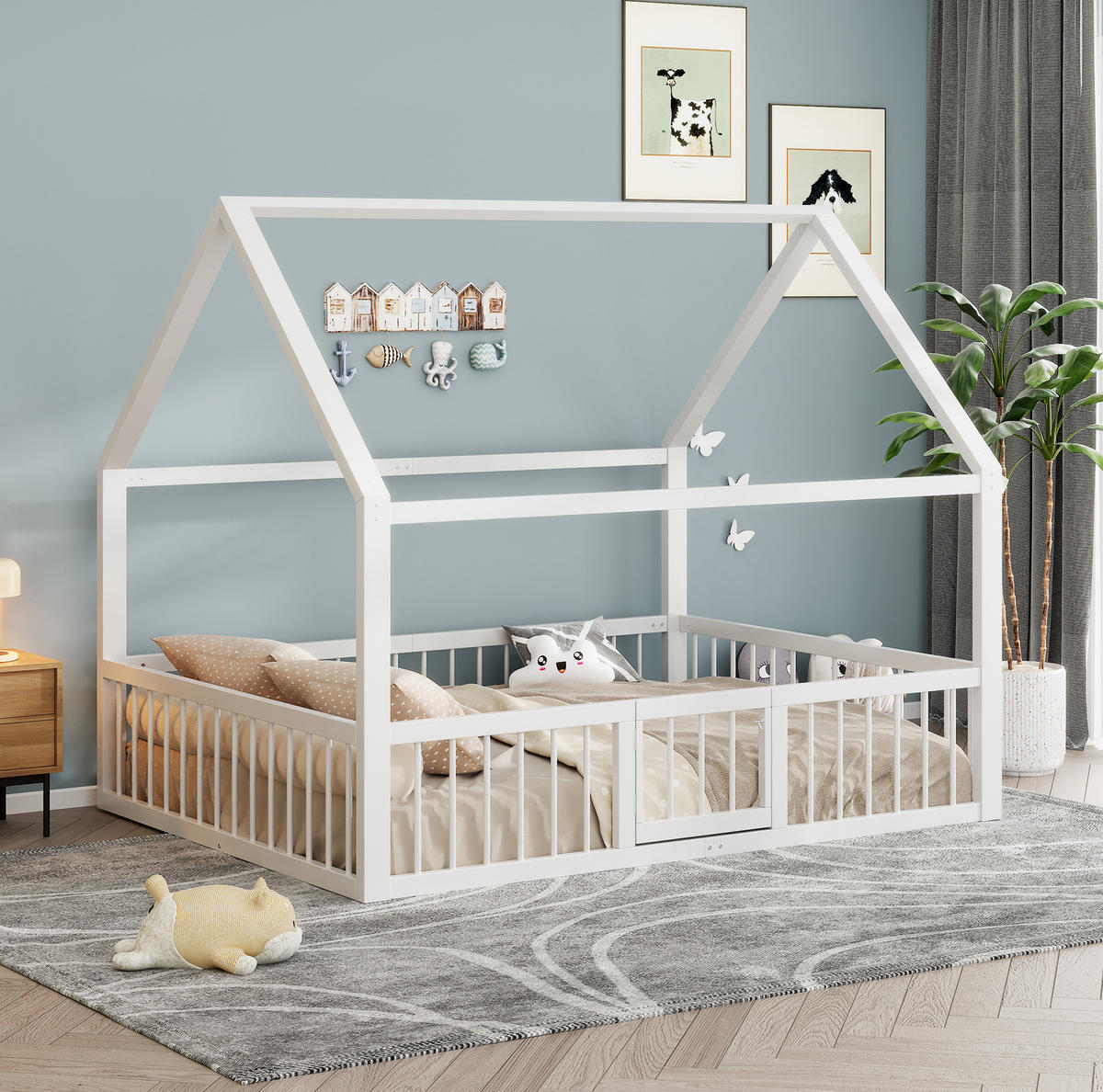 METALLBETT 140/200 cm in Weiß – Kinderbett mit Dachdesign und Sicherheitsgitter - Weiß, Metall (140/200cm) - BEAOK