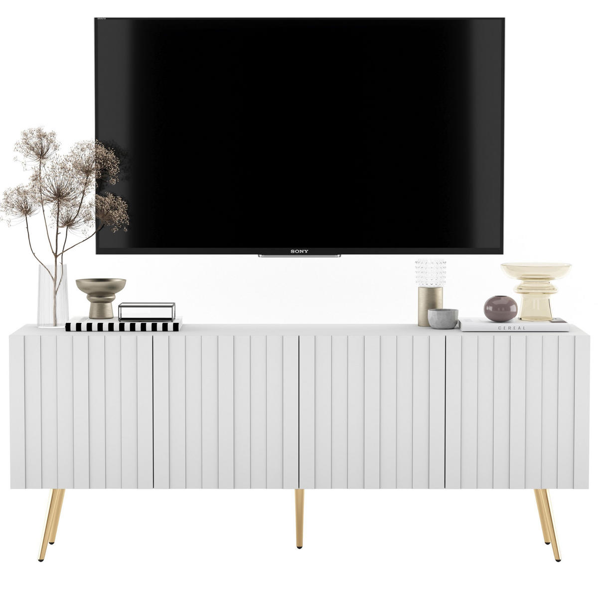 TV-SCHRANK Elpis Weiß Matt mit Metallbeine Glamour 150 cm - Schwarz/Weiß, Holzwerkstoff/Metall (150/60.5/36.5cm) - Meble Lindner