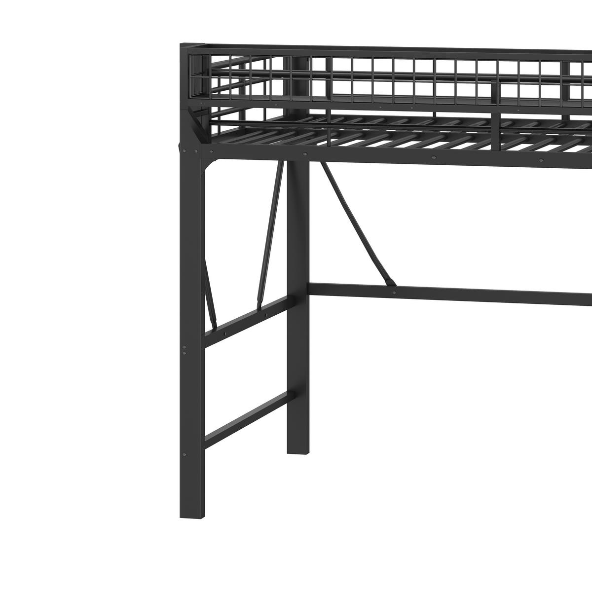 HOCHBETT 140/200 cm in Schwarz mit LED, Aufbewahrungskorb und Treppe aus Metall - Schwarz, Metall - STILVORA