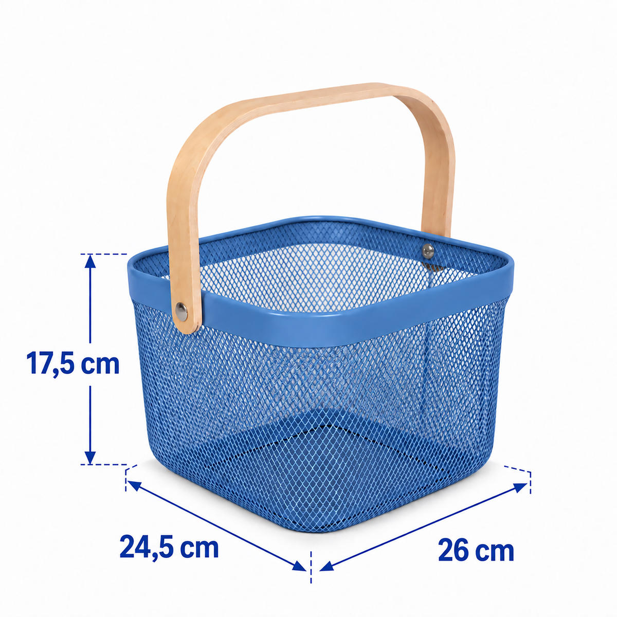 AUFBEWAHRUNGSKORB Dunkelblau Metall Holzgriff - Dunkelblau, Holz/Metall (26/17.5/24.5cm) - Relaxdays