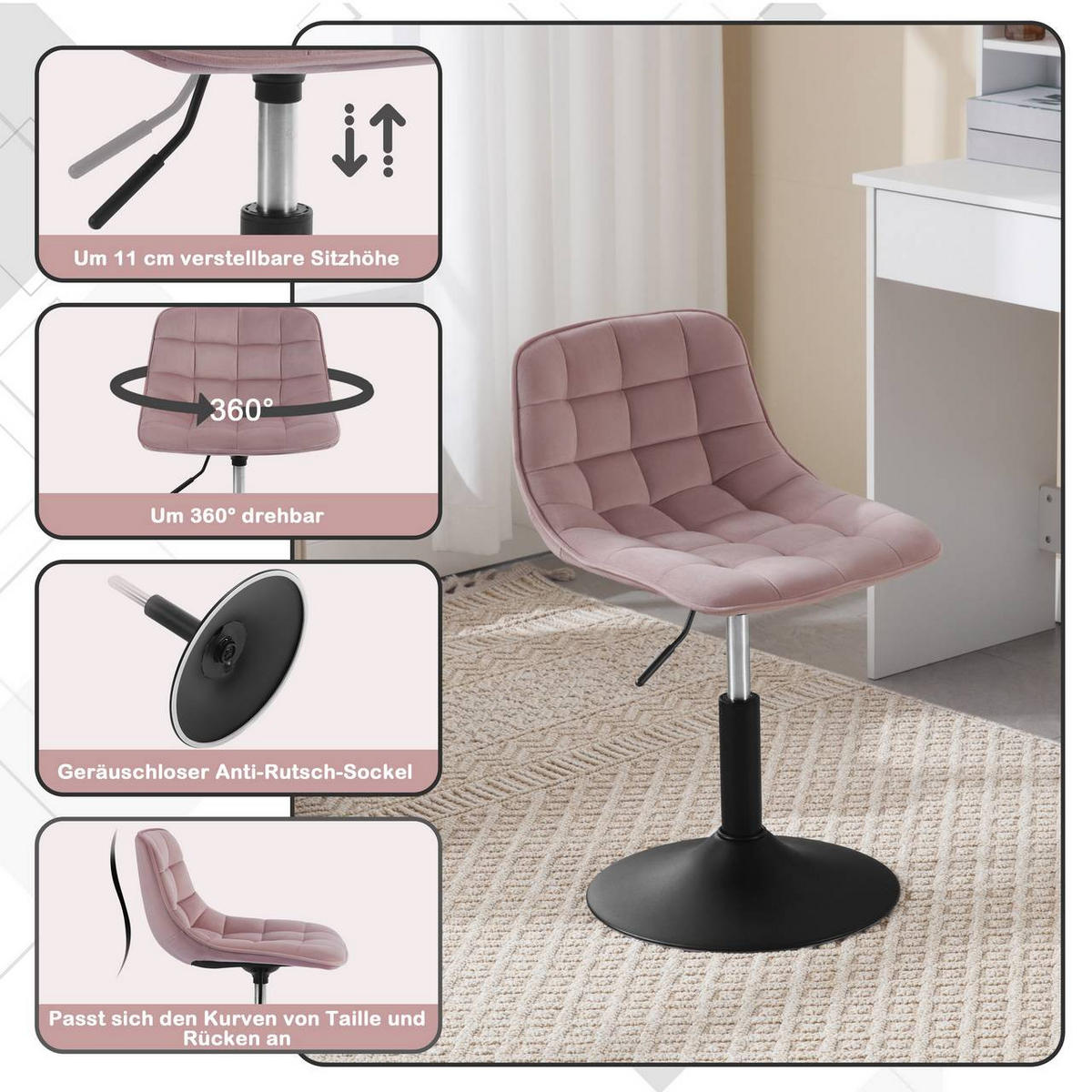 BARHOCKER Mehrzweck 360° Schwenken Samt, Rosa - Schwarz/Rosa, Textil/Metall (42.5/72/45cm) - Woltu