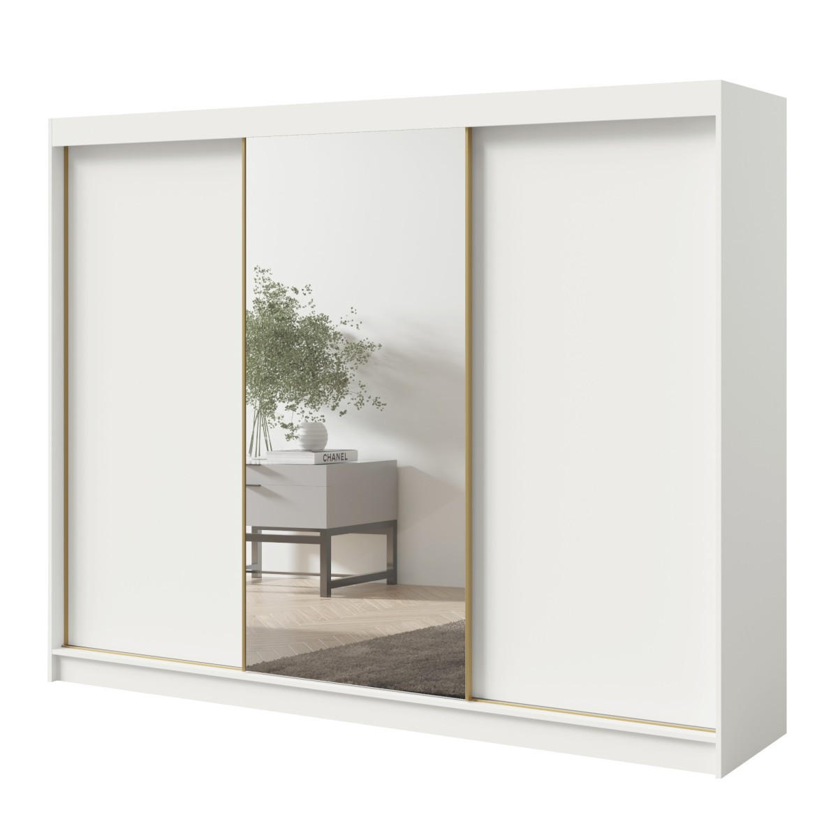 SCHWEBETÜRENSCHRANK mit Spiegel Fiore 3D1L 250 Weiß/Gold - Goldfarben/Weiß, Holzwerkstoff/Metall (250/200/60cm) - mzm24