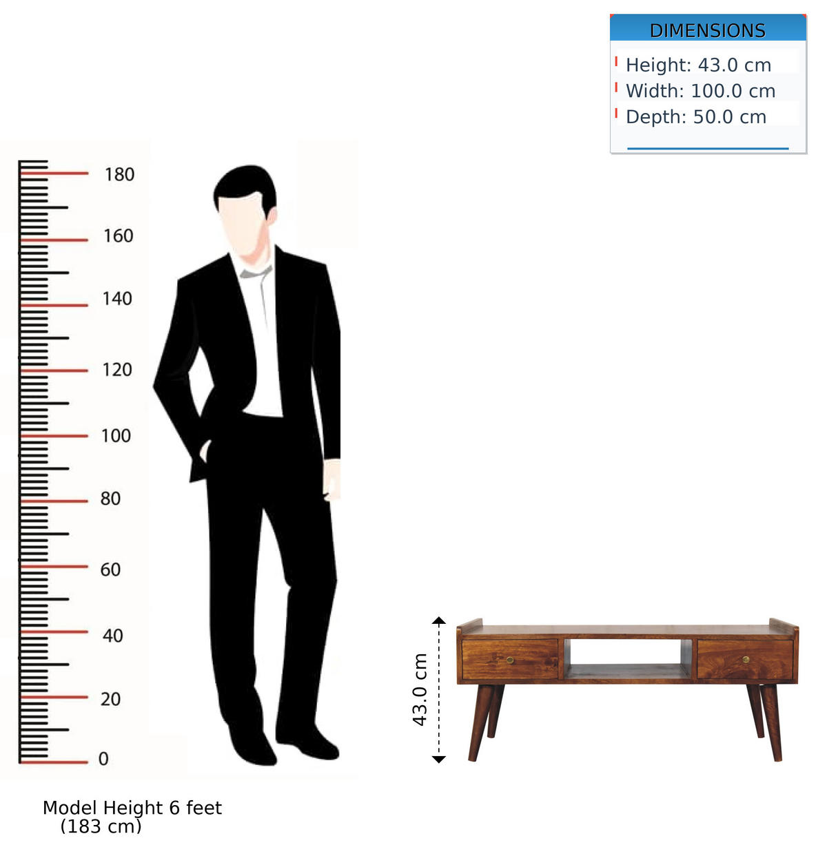 TV-EINHEIT Massivholz Kastanienbraun, 2 Schubladen und Offenes Fach - Dunkelbraun/Messingfarben, Mangoholz/Holz (100/43/50cm) - Artisan Furniture