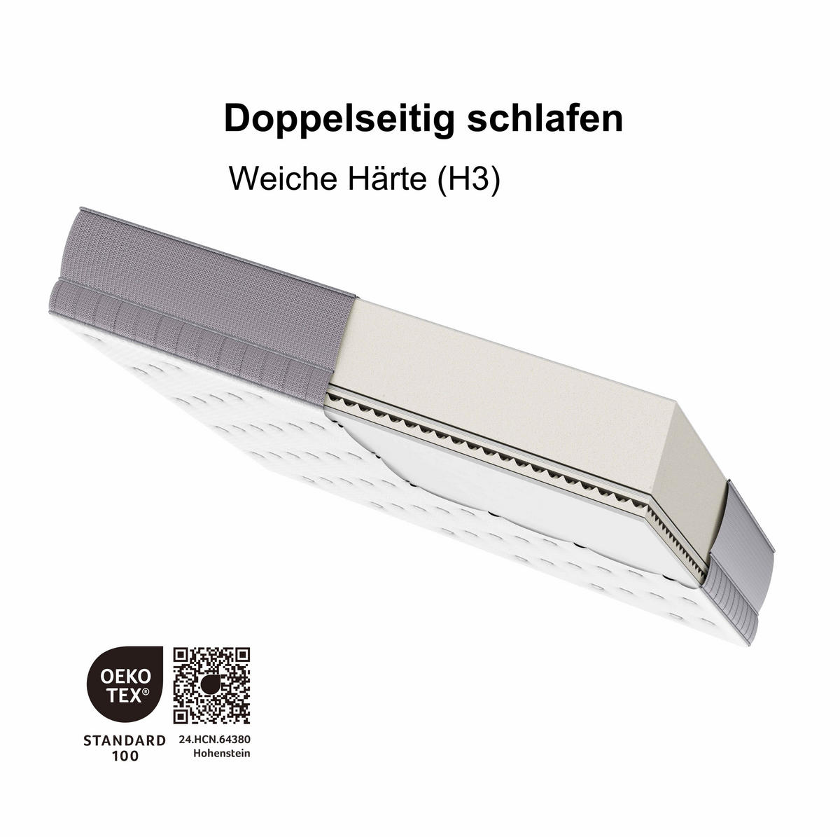 TASCHENFEDERKERNMATRATZE 120/200 cm H3, 25 cm hoch, 7 Zonen, mit Sitzkantenverstärkung - Creme, Textil (120/200cm)