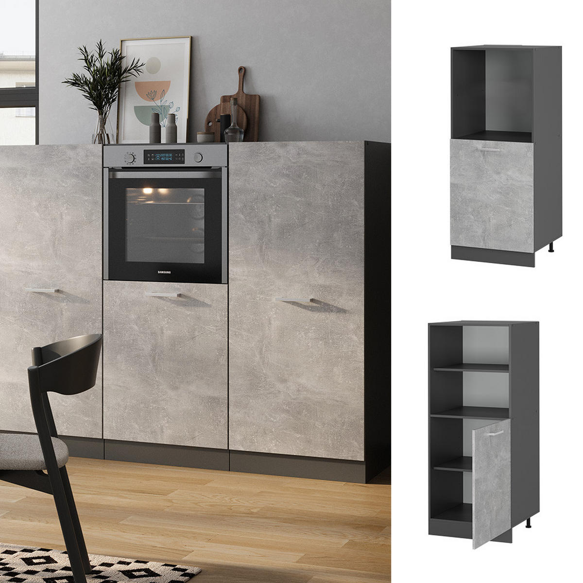 HERDUMBAUSCHRANK R-Line Beton 60 cm - Anthrazit/Grau, Holzwerkstoff (60/143/57cm) - Vicco