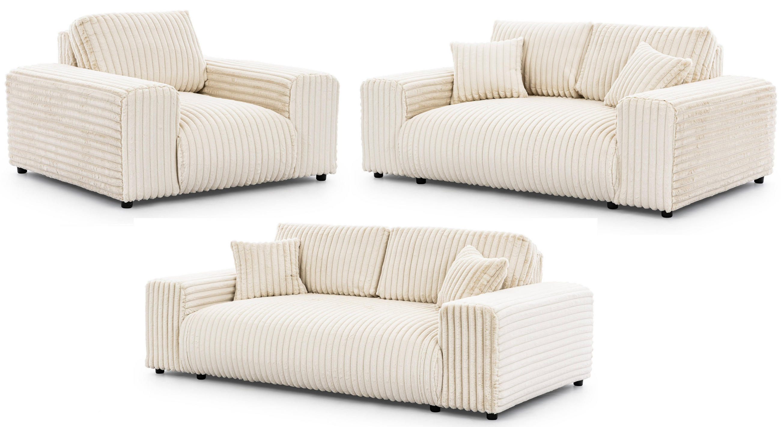 SITZGARNITUR 3+2+1 Mollis Hellbeige Plüschcord - Beige/Schwarz, Holz/Kunststoff (213/79/108cm) - S-Style Möbel