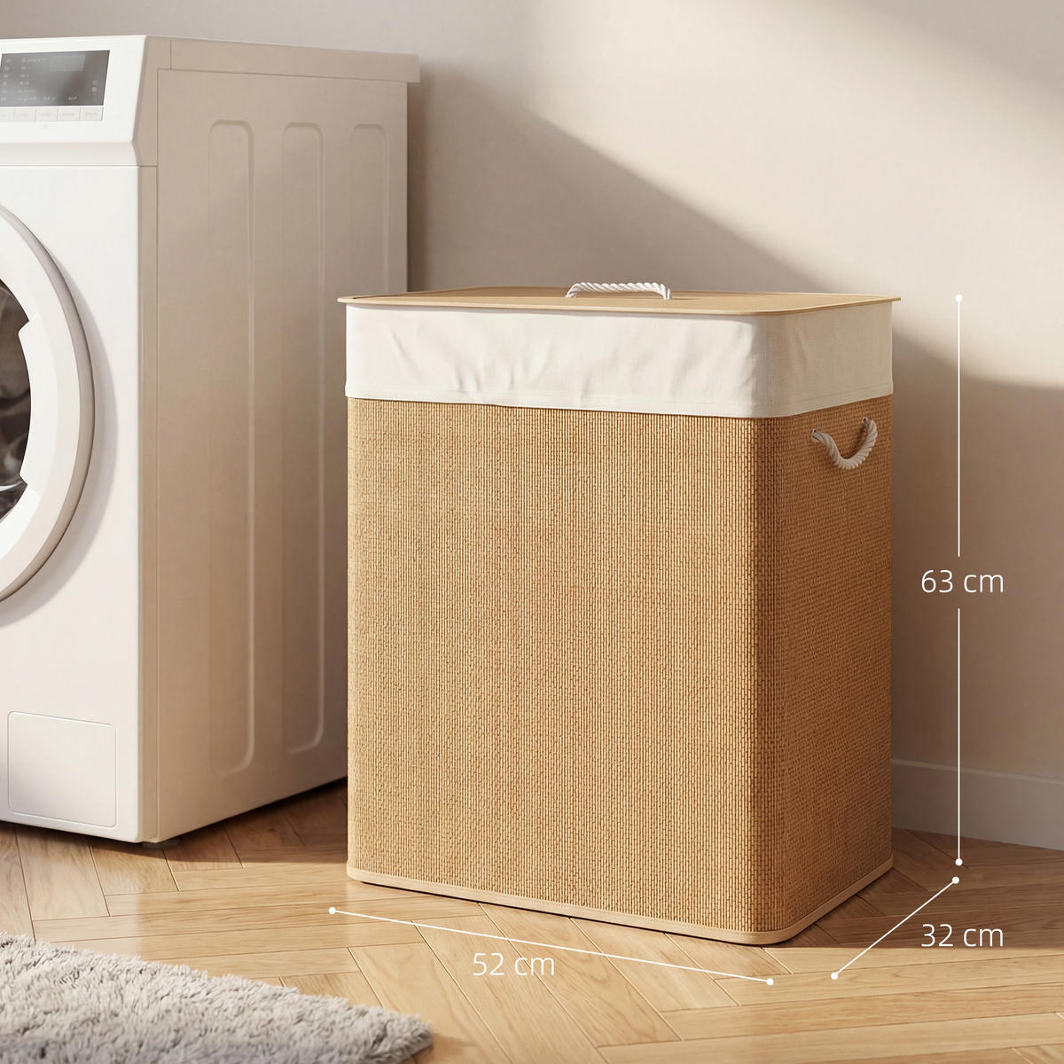 WÄSCHEKORB DE-18811 2 Fächer, 100L mit Deckel & Seilgriffen Natur - Braun, Naturmaterialien (52/63/32cm) - ComfortXL