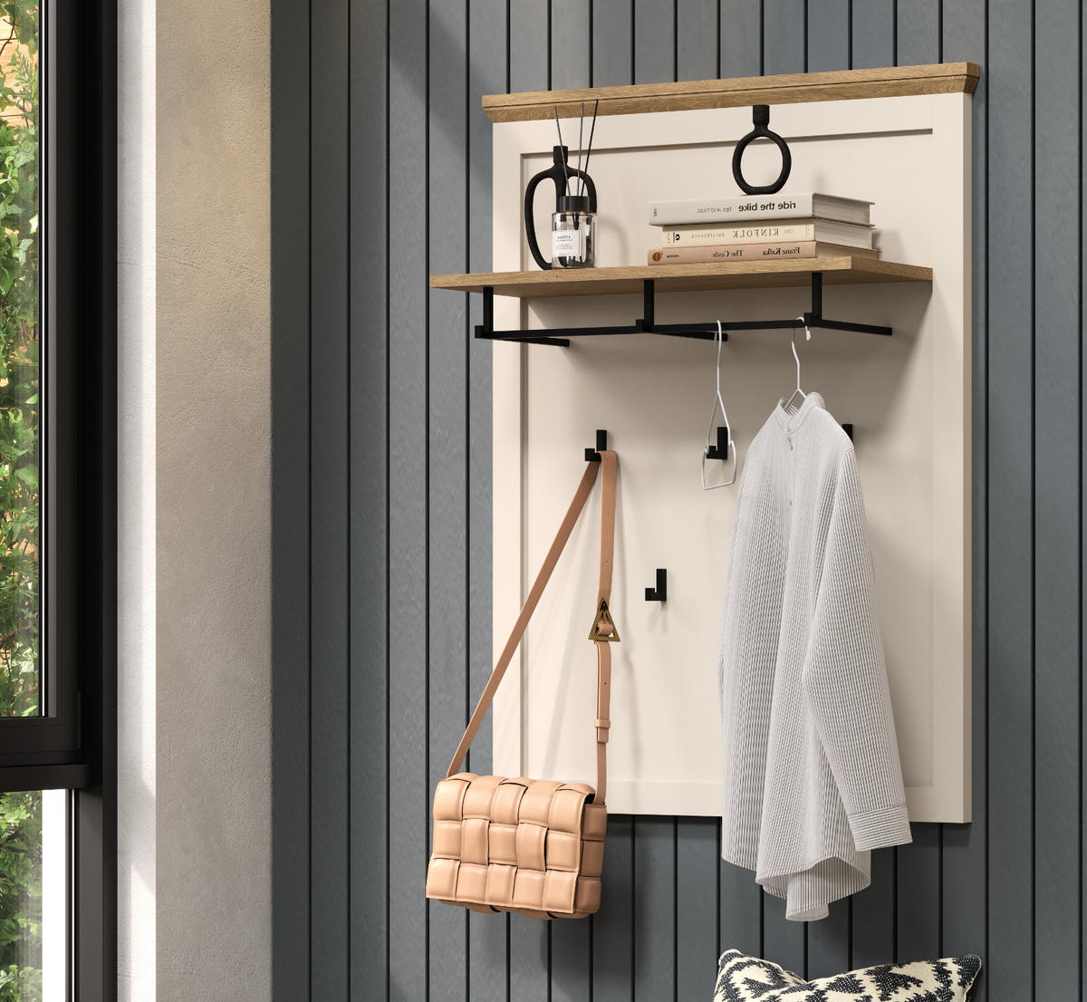 GARDEROBENPANEEL Kaschmir, Stein Eiche Landhaus 76 x 100 cm, Wandgarderobe mit Kleiderstange - Kaschmir/Eichefarben, Holzwerkstoff (76/100/26cm) - Top.Furn