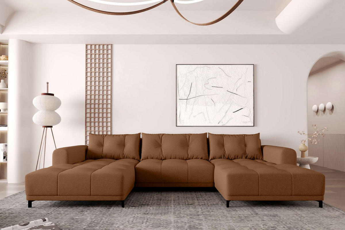 WOHNLANDSCHAFT Strukturstoff Rostfarben inkl. Schlaffunktion - Rostfarben/Schwarz, Textil/Metall (348/94/181cm) - 99rooms