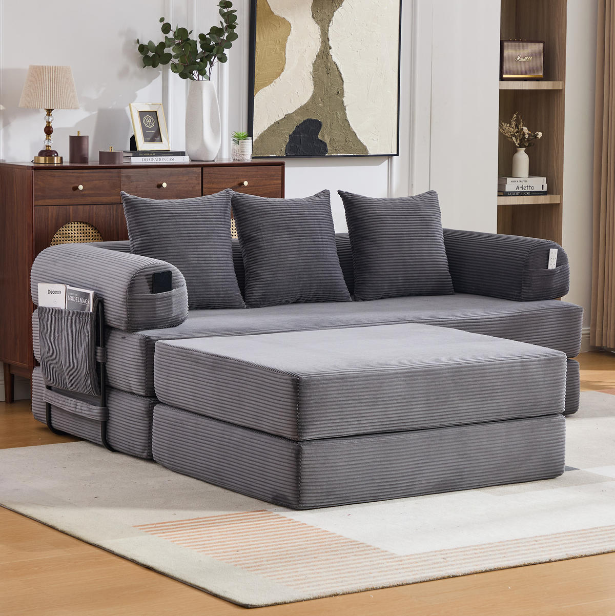 ECKSOFA aus Cord 200x190x67 cm Dunkelgrau mit Hocker, Seitentasche und 3 Kissen - Dunkelgrau, Textil (200/190cm) - Modfu