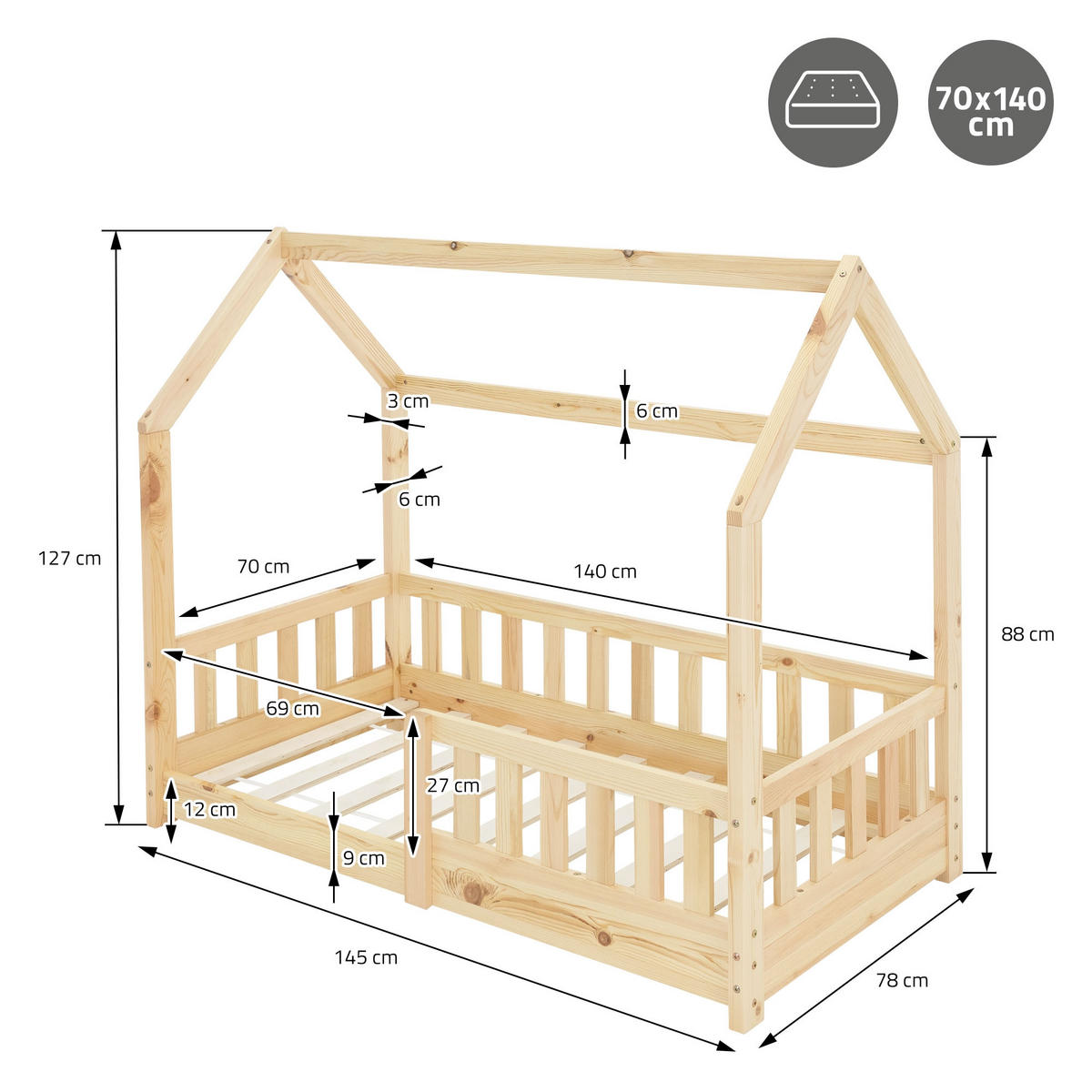 KINDERBETT mit Dach und Matratze 70x140 cm Natur - Naturfarben, Holz (70/140cm) - ML-DESIGN