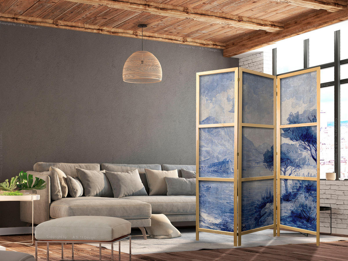 PARAVENT Japanischer 3-tlg 135x172 cm Blaue Landschaft - Blau, Holz/Textil (135/172/3cm) - Muralo