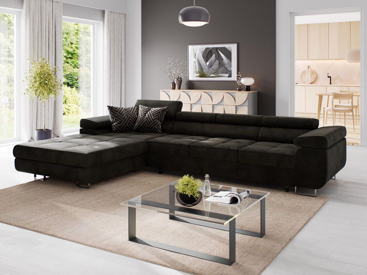 ECKSOFA VEMO CORE PLUS Links Schwarz Velours-Stoff mit Schlaffunktion und Bettkasten - Schwarz, Holz/Metall (350/205cm) - Barchello