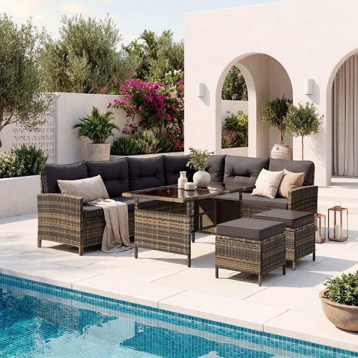 RATTANLOUNGE Barletta, mit Sicherheitsglasplatten, natur - Naturfarben, Kunststoff - tectake